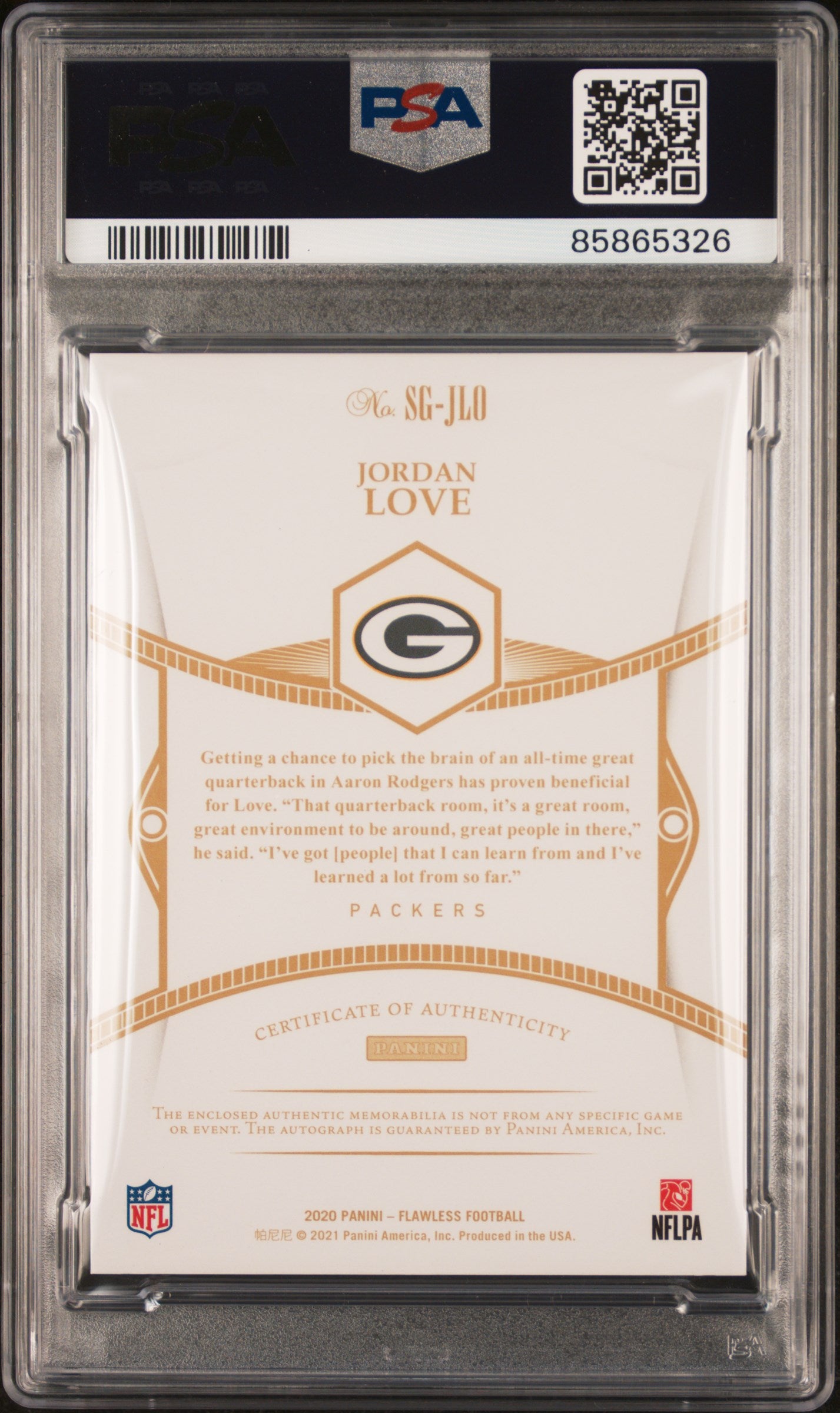 2020 Panini Flawless Signature Gloves PSA 8 Jordan Love Gold Foil RPA 21/25 