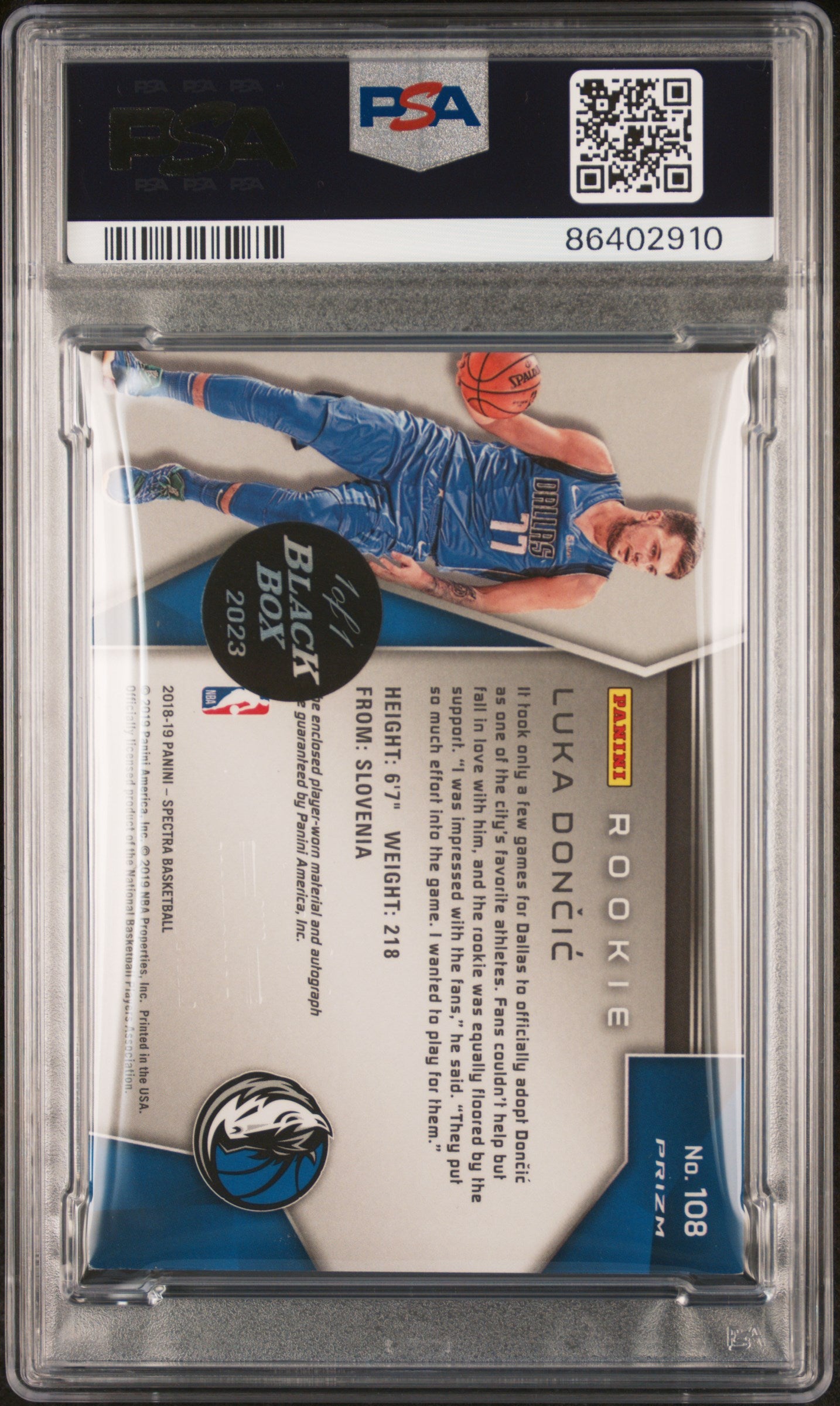 2023 Panini Black Box Spectra Luka Doncic RC Jersey Auto PSA 8 #108 