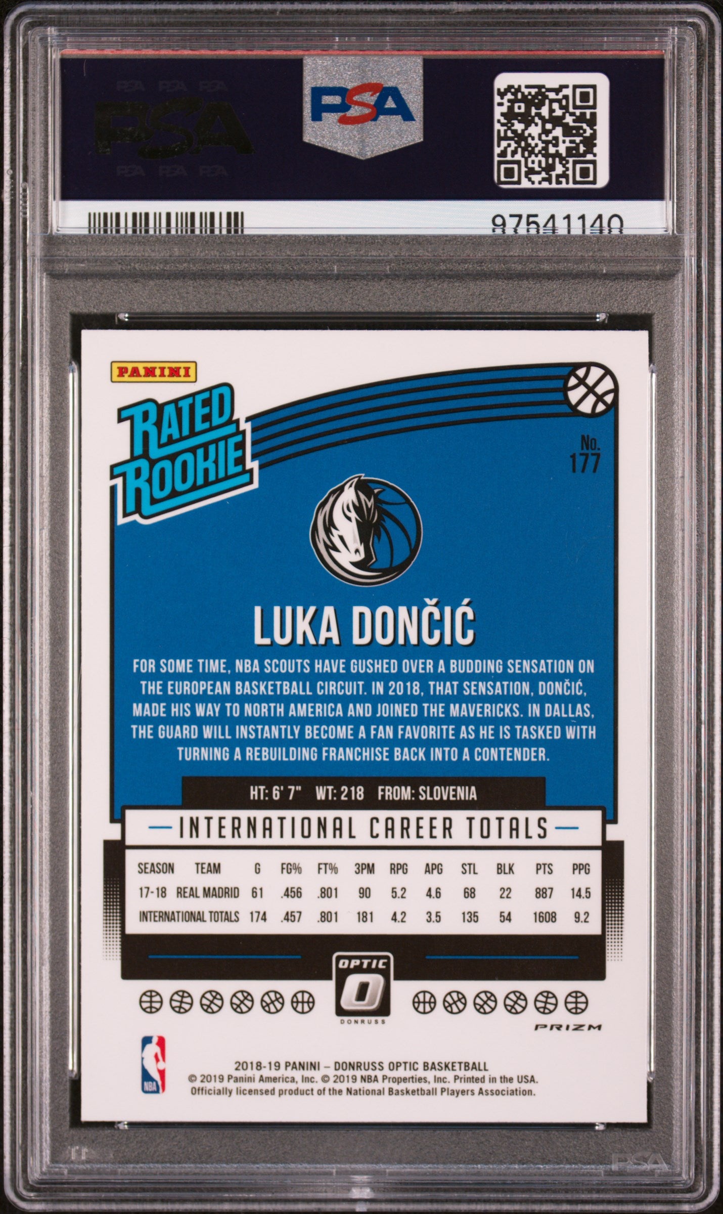 2018 Panini Donruss Optic Holo Luka Doncic Rated Rookie PSA 9 #177 