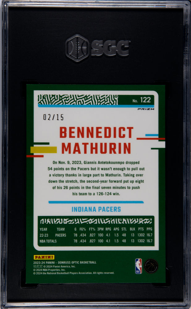 2023-24 Donruss Optic SGC 10 Bennedict Mathurin Blue Glitter Prizm 2/15 #122 