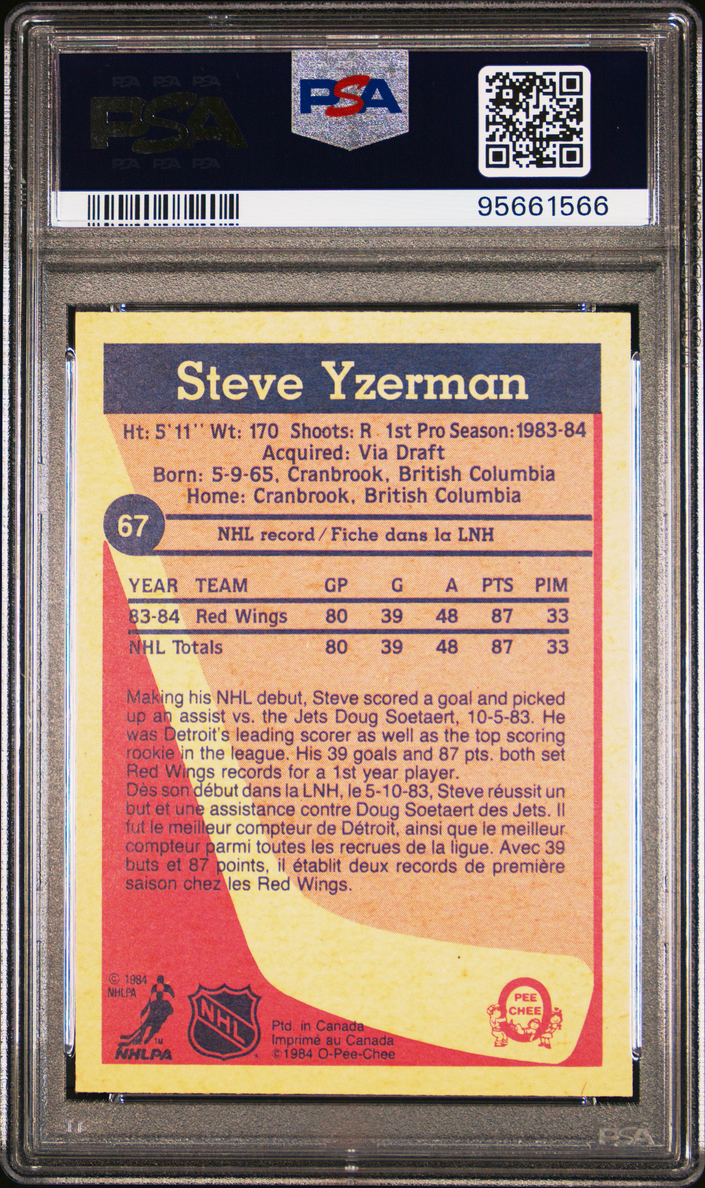 1984 O-Pee-Chee Hockey Steve Yzerman Rookie #67 PSA 9