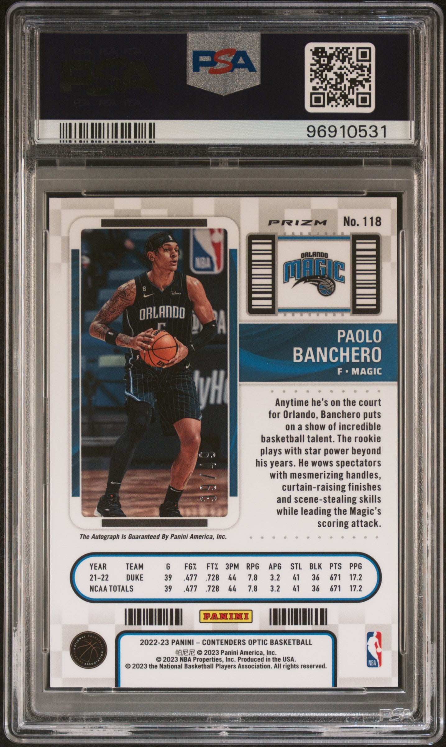 2022 Panini Contenders Optic Rookie Ticket Auto Blue Paolo Banchero PSA 9 39/49 