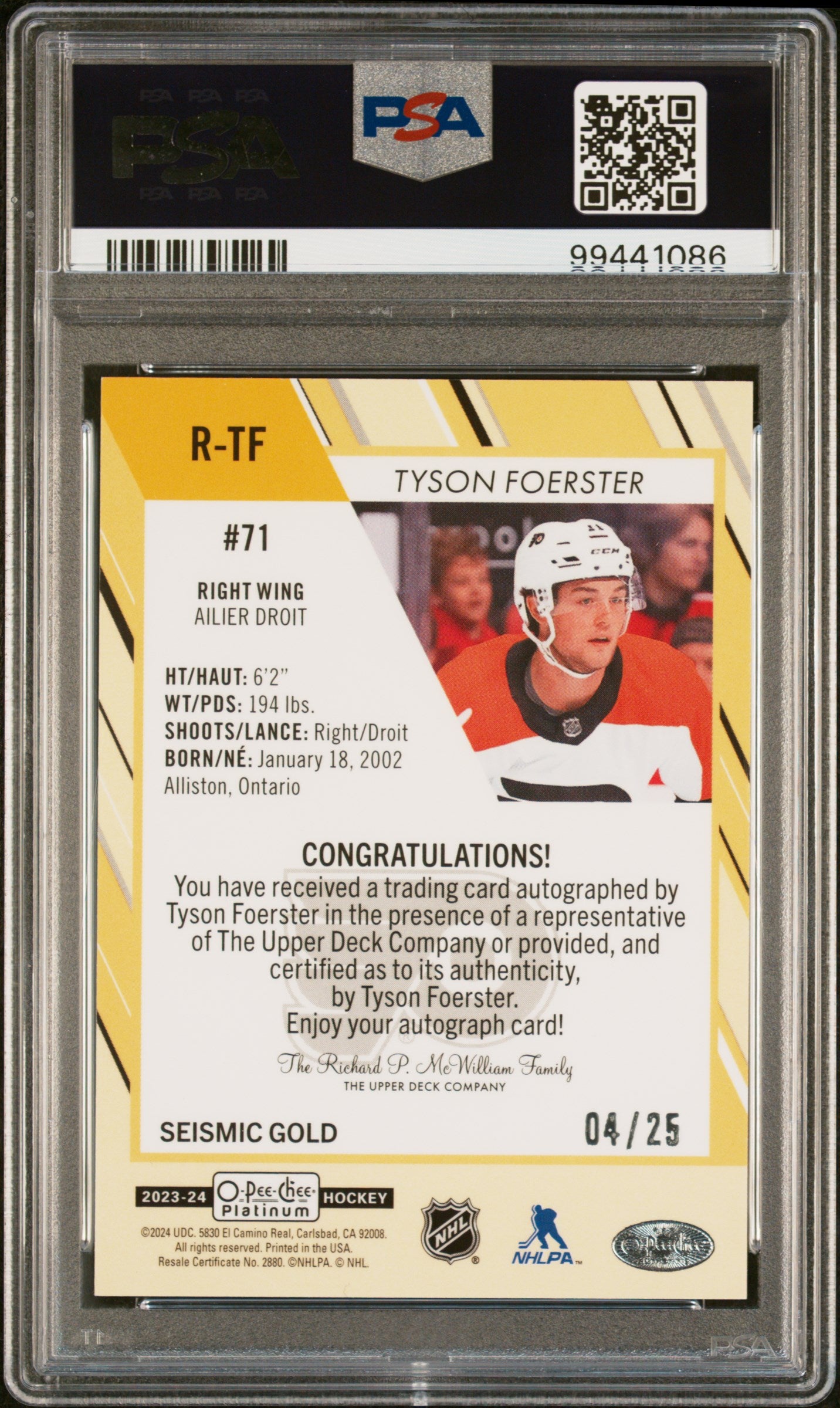 2023 OPC Platinum Rookie Autographs Tyson Foerster Seismic Gold PSA 10 /25 