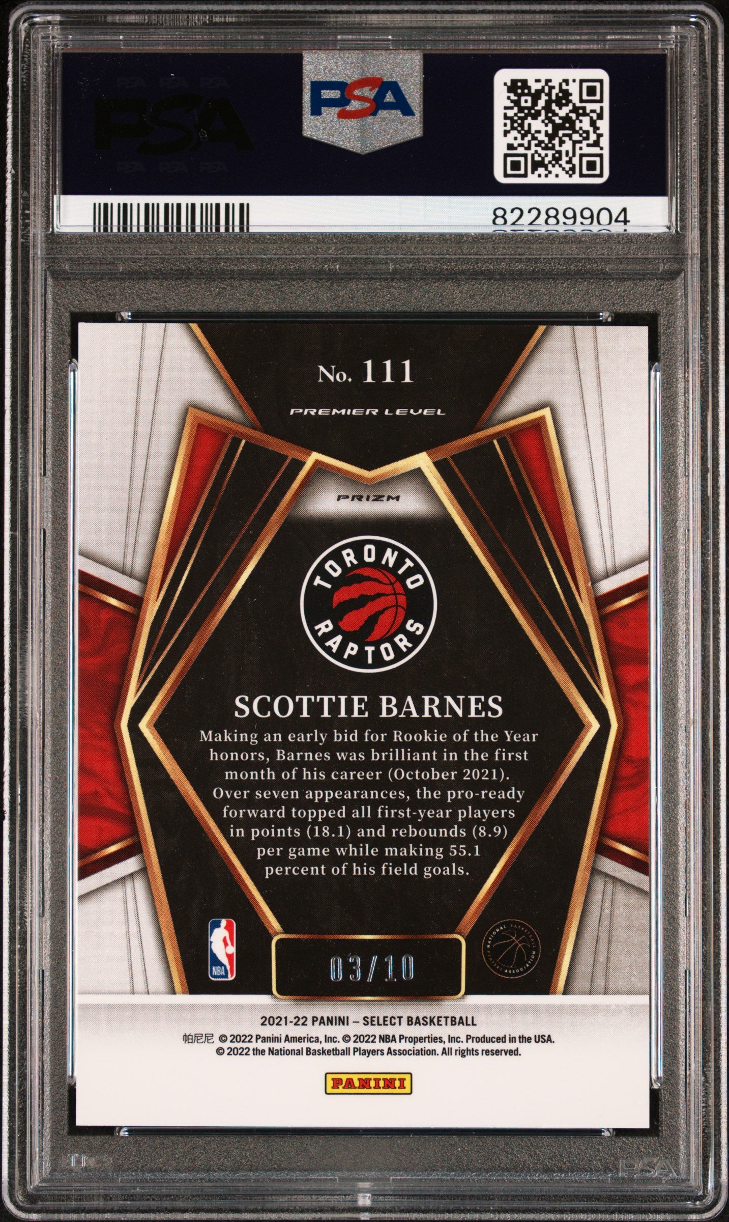 2021 Panini Select Basketball Scottie Barnes RC Gold Disco Prizm PSA 9 03/10 