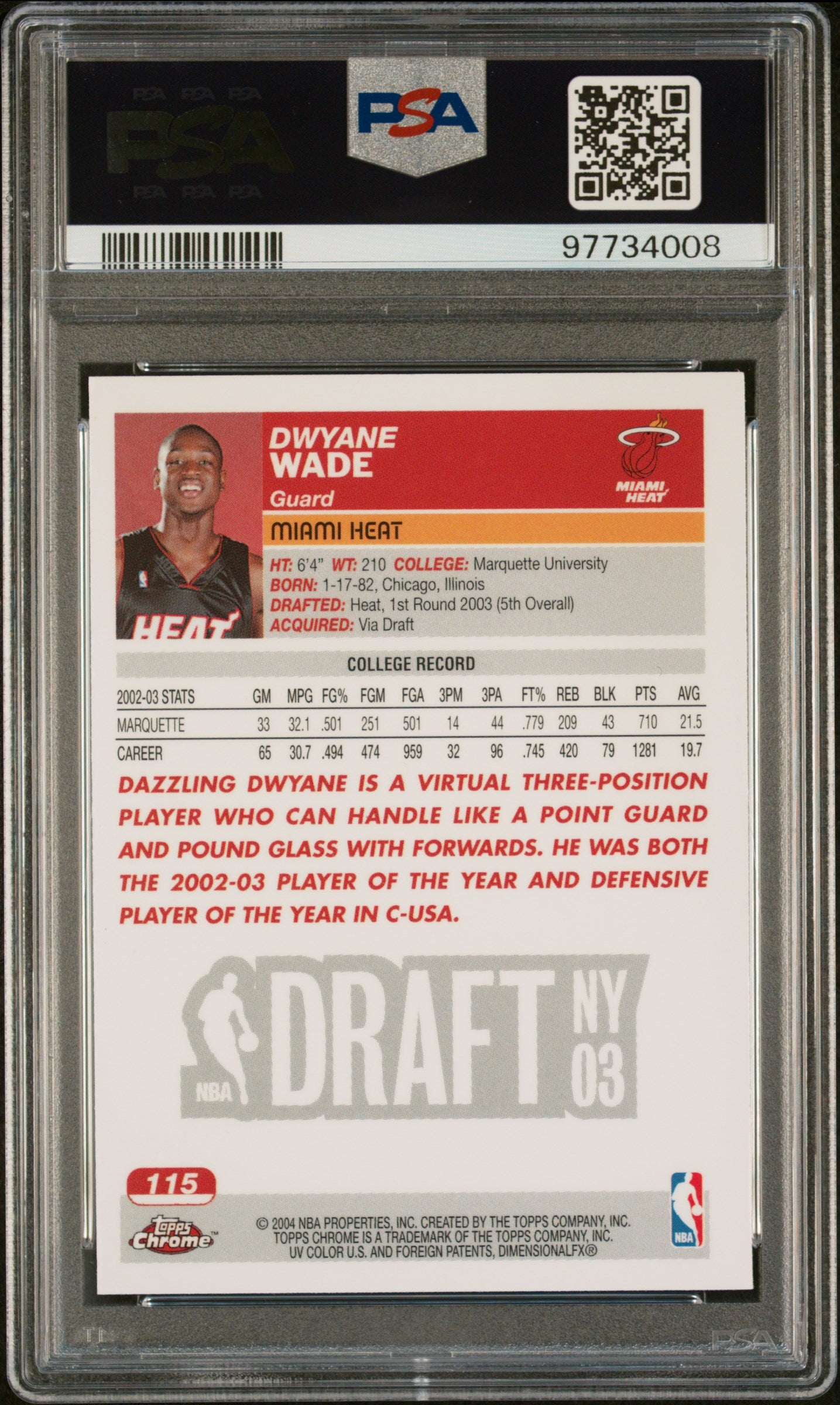 2003 Topps Chrome Basketball Dwyane Wade Rookie PSA 9 #115