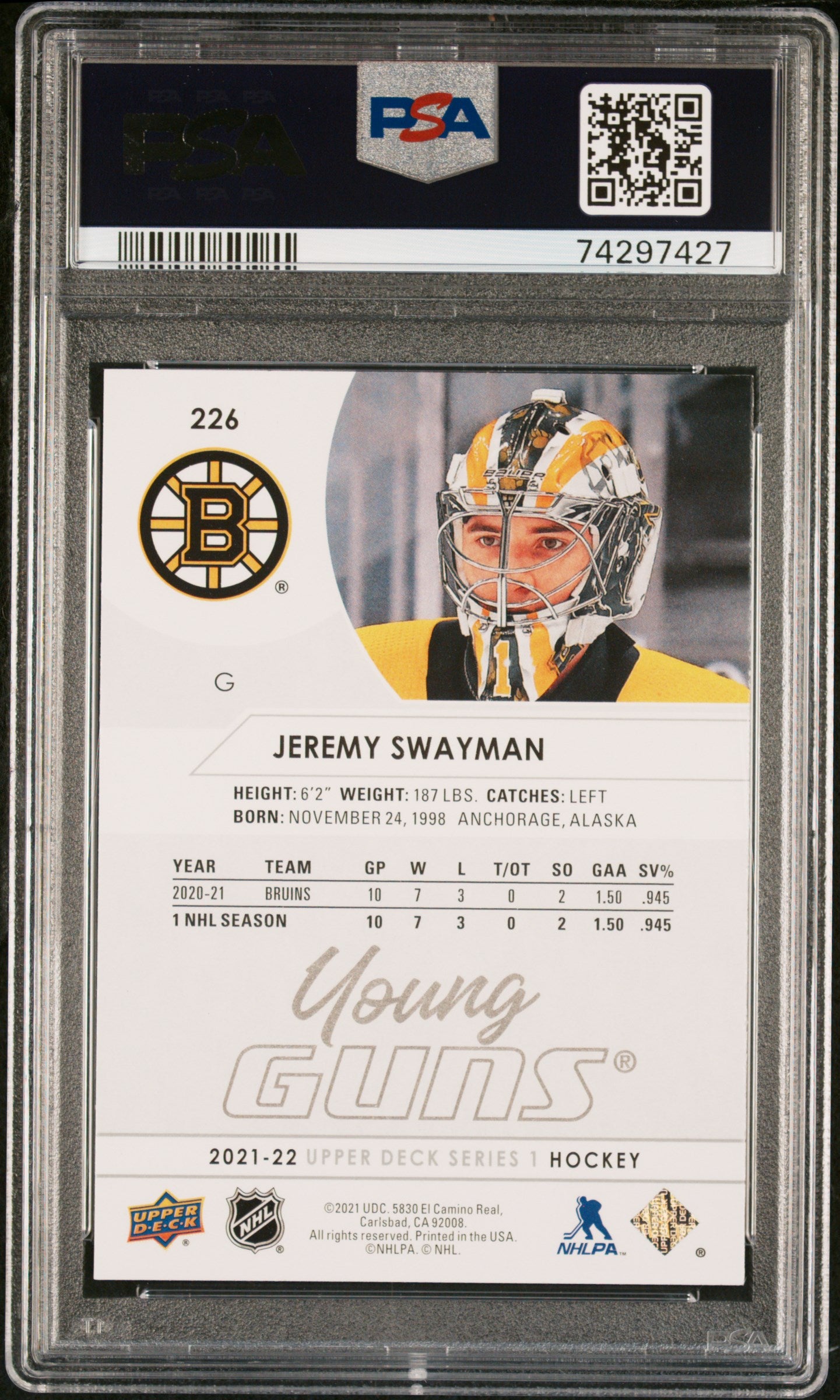 2021-2022 Upper Deck Series 1 Hockey Jeremy Swayman Young Guns PSA 10 