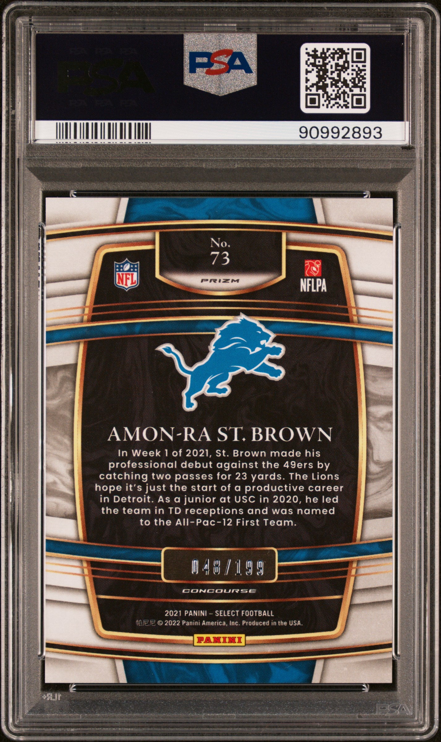 2021 Panini Select Football Amon-Ra ST. Brown RC Blue Prizm PSA 10 048/199 