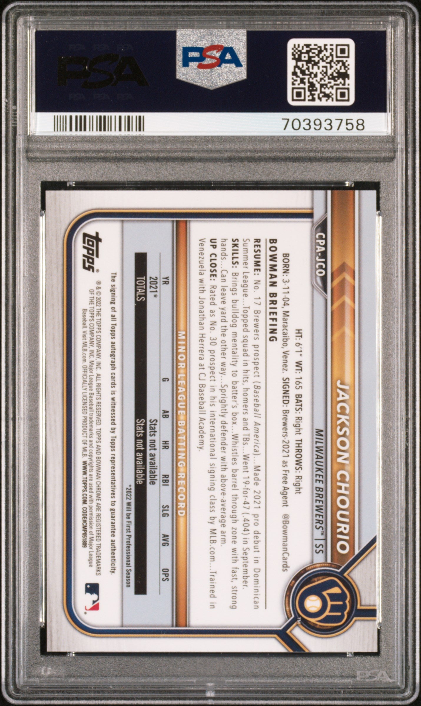 2022 1st Bowman Chrome Prospect Auto Jackson Chourio PSA 10 CPA-JCO 