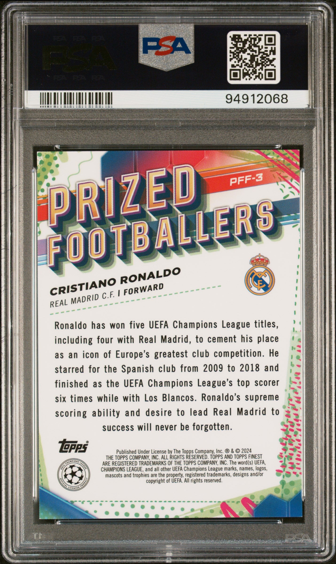 2023-24 Topps Finest UEFA Club CC Prized FB Fusion Cristiano Ronaldo PSA 9 