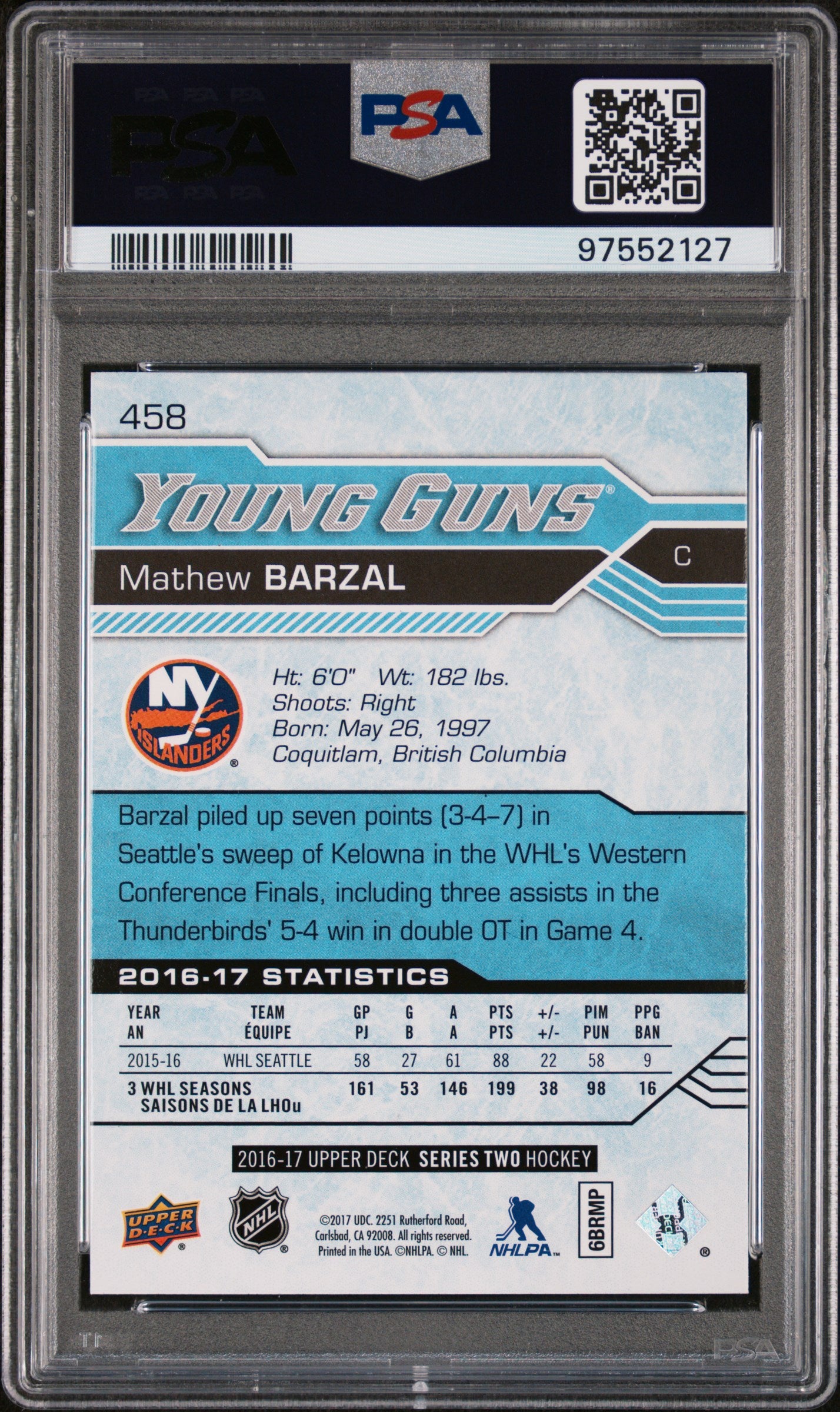 2016-17 Upper Deck Series Two Hockey Mathew Barzal Young Guns PSA 10 #458 