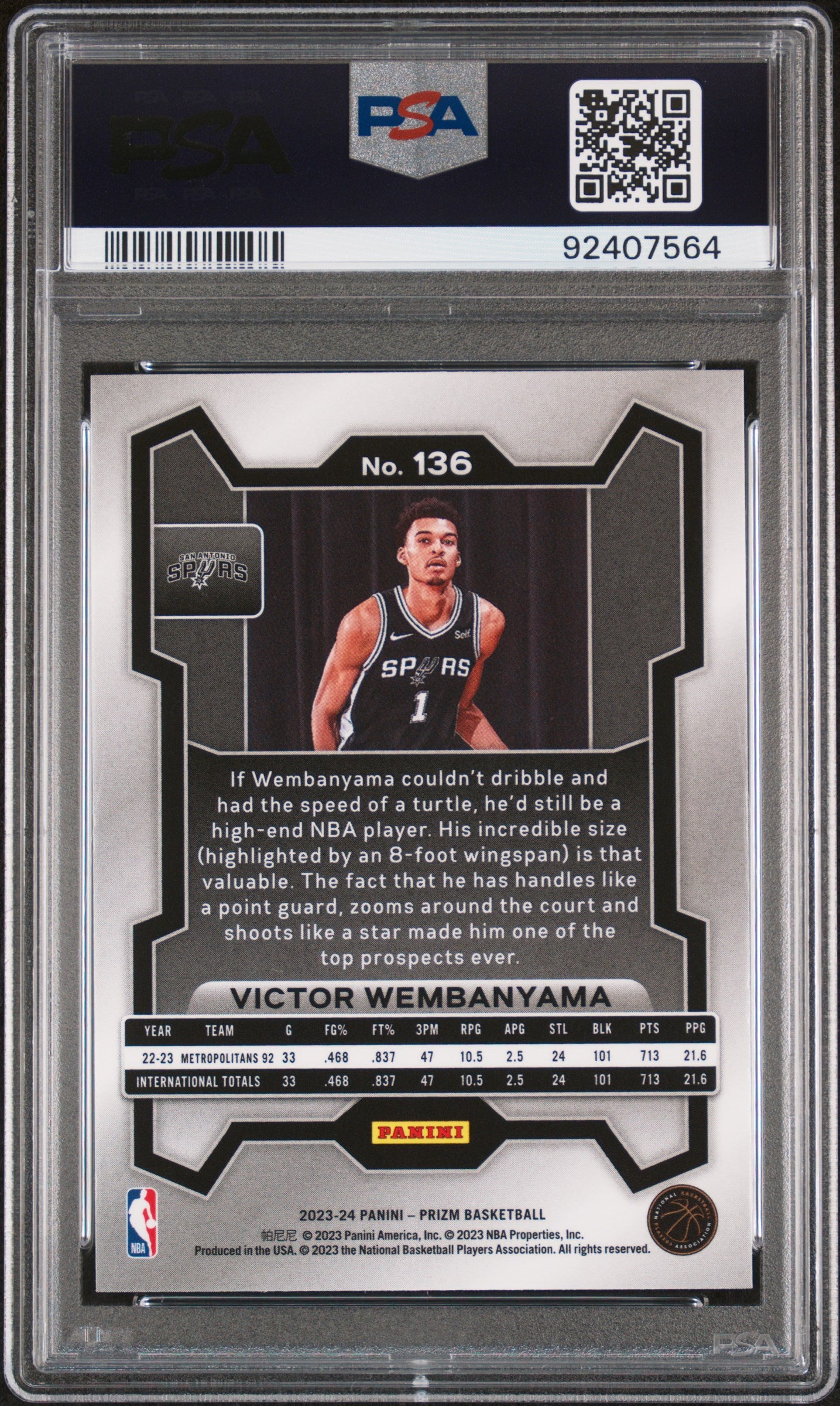 2023 Panini Prizm Basketball Victor Wembanyama RC Prizm PSA 10 #136 