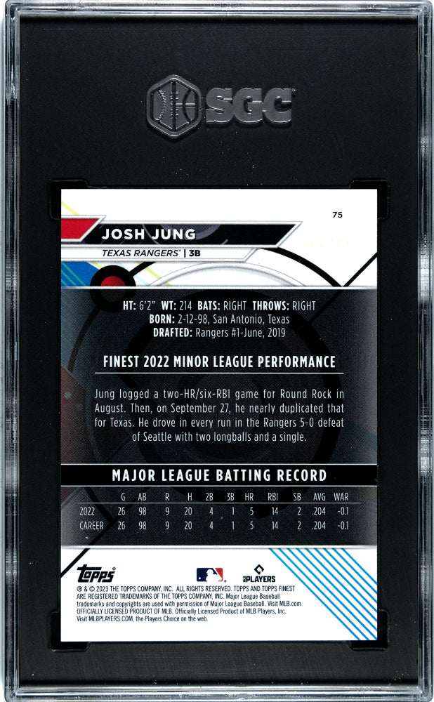 2023 Topps Finest Baseball Josh Jung RC Rookie Sky Blue Refractor SGC 10 /300 