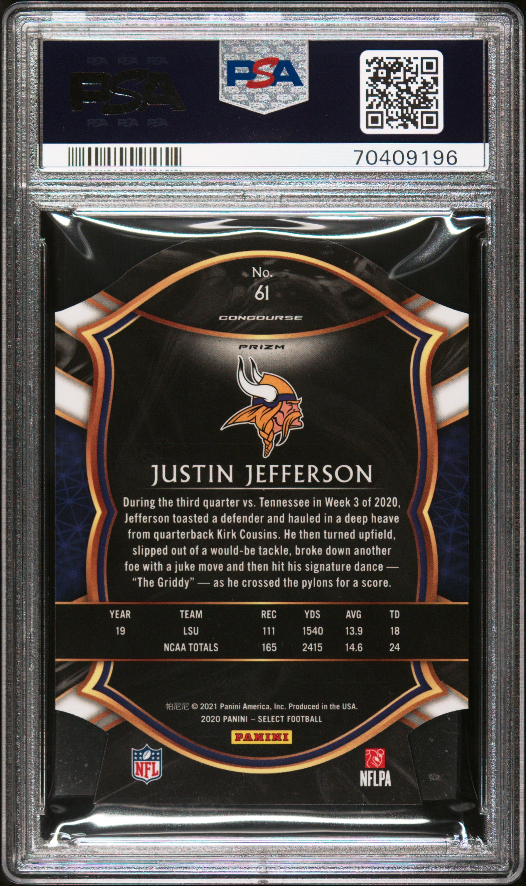 2020 Panini Select Football Justin Jefferson RC Die-Cut Maroon Prizm PSA 10 #61 