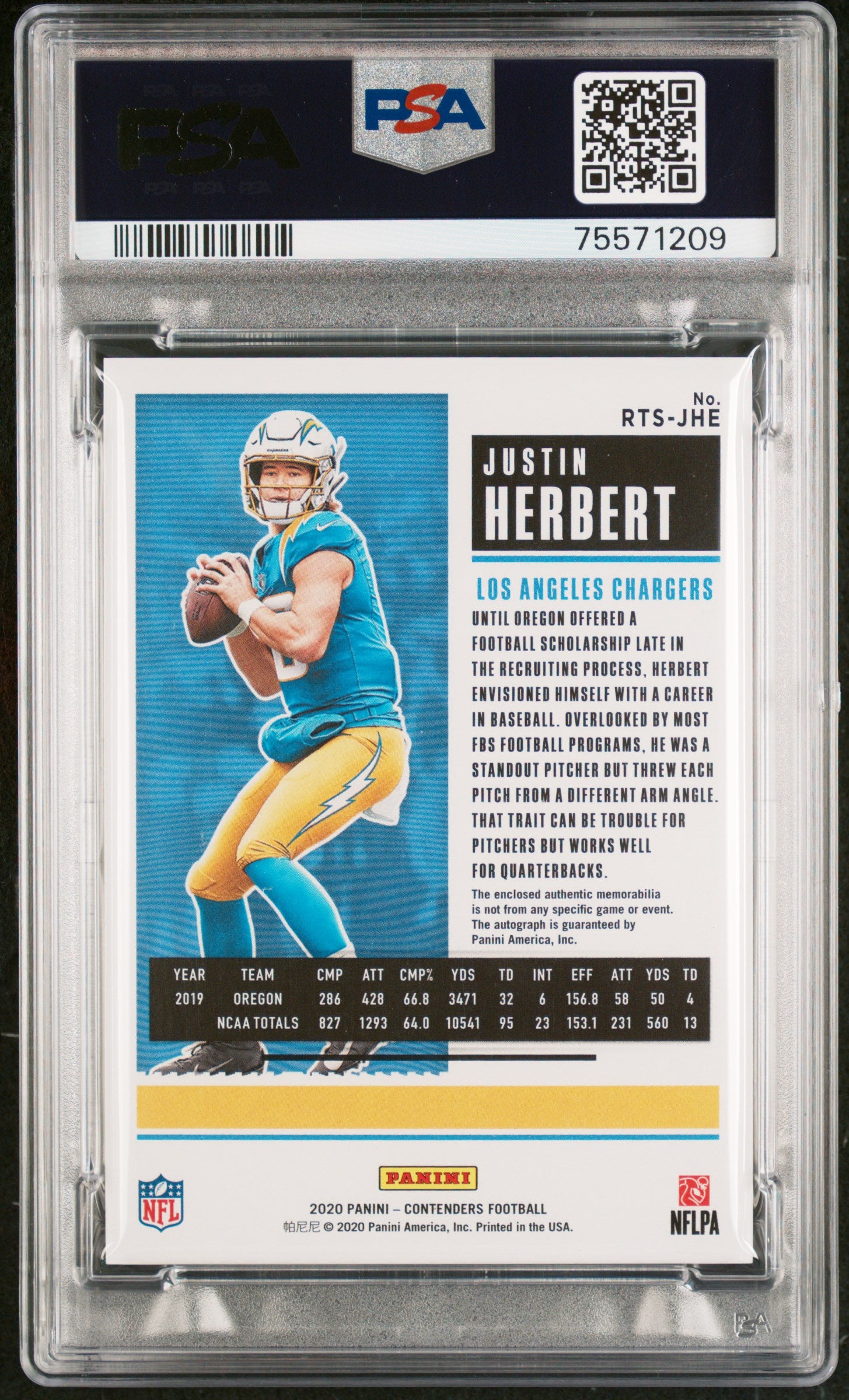 2020 Panini Contenders Rookie Ticket Swatches Autograph Justin Herbert PSA 9 