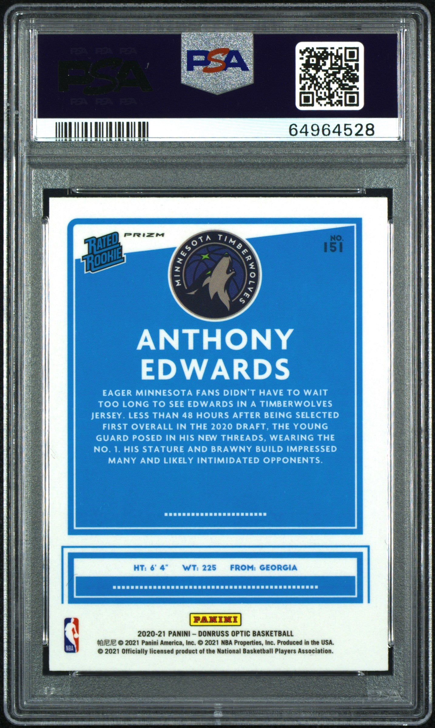 2020 Panini Donruss Optic Anthony Edwards Rated Rookie Blue Velocity PSA 10 