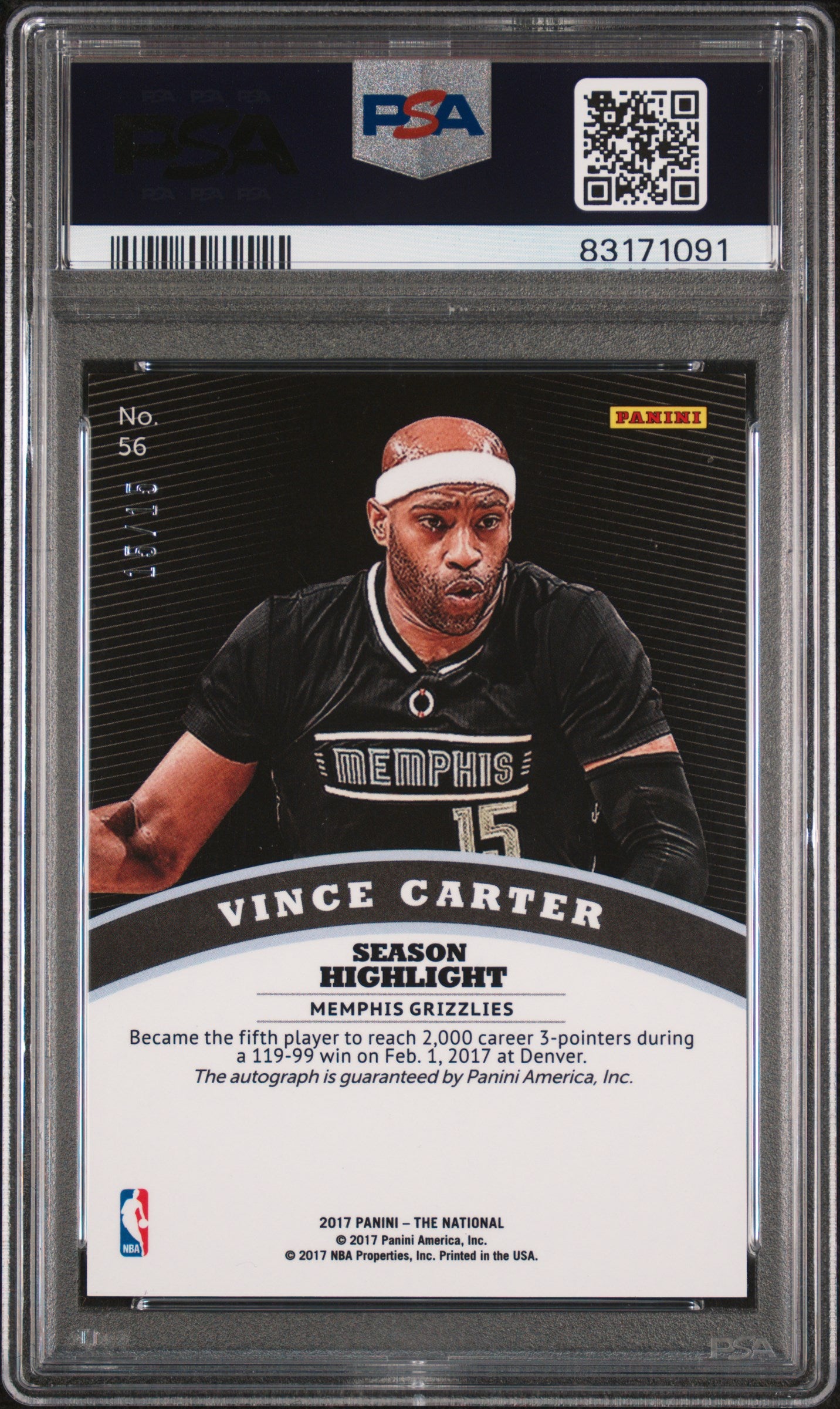 2017 Panini The National VIP Vince Carter Red Wave Auto PSA 8 15/15 #56 