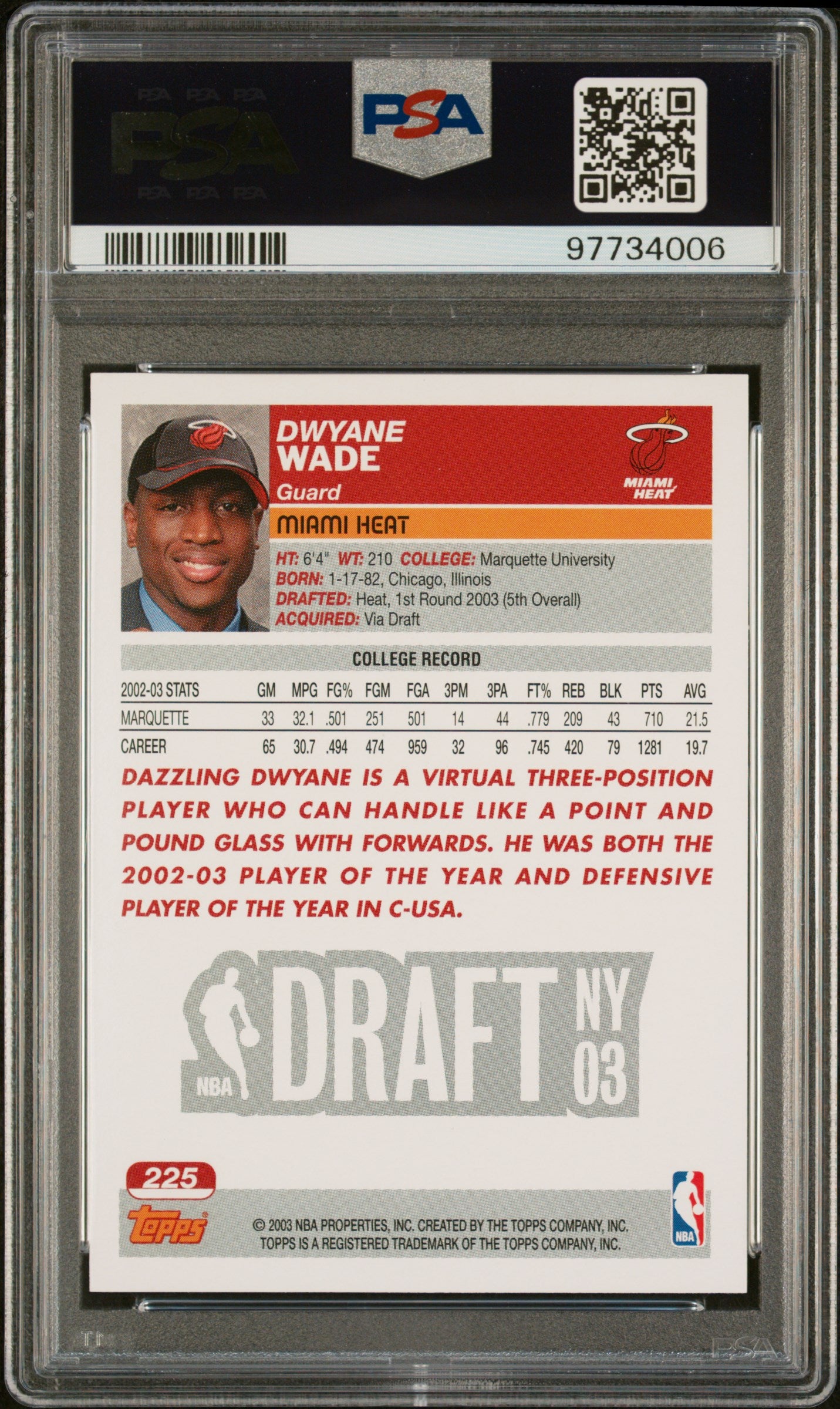 2003 Topps Basketball Dwyane Wade Rookie PSA 10