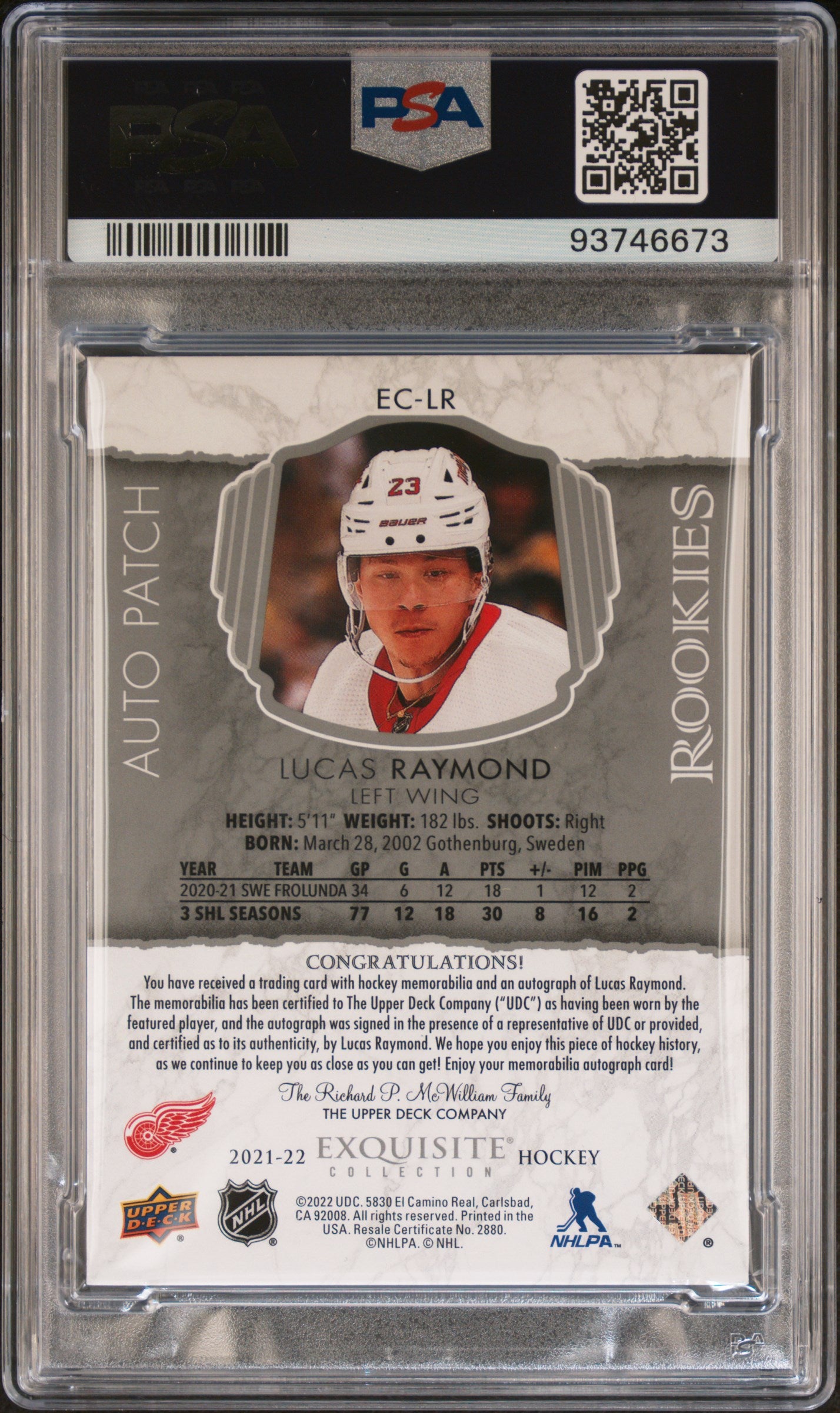 2021-22 UD The Cup Exquisite Col. PSA 8 Lucas Raymond Rookie Patch Auto 05/23