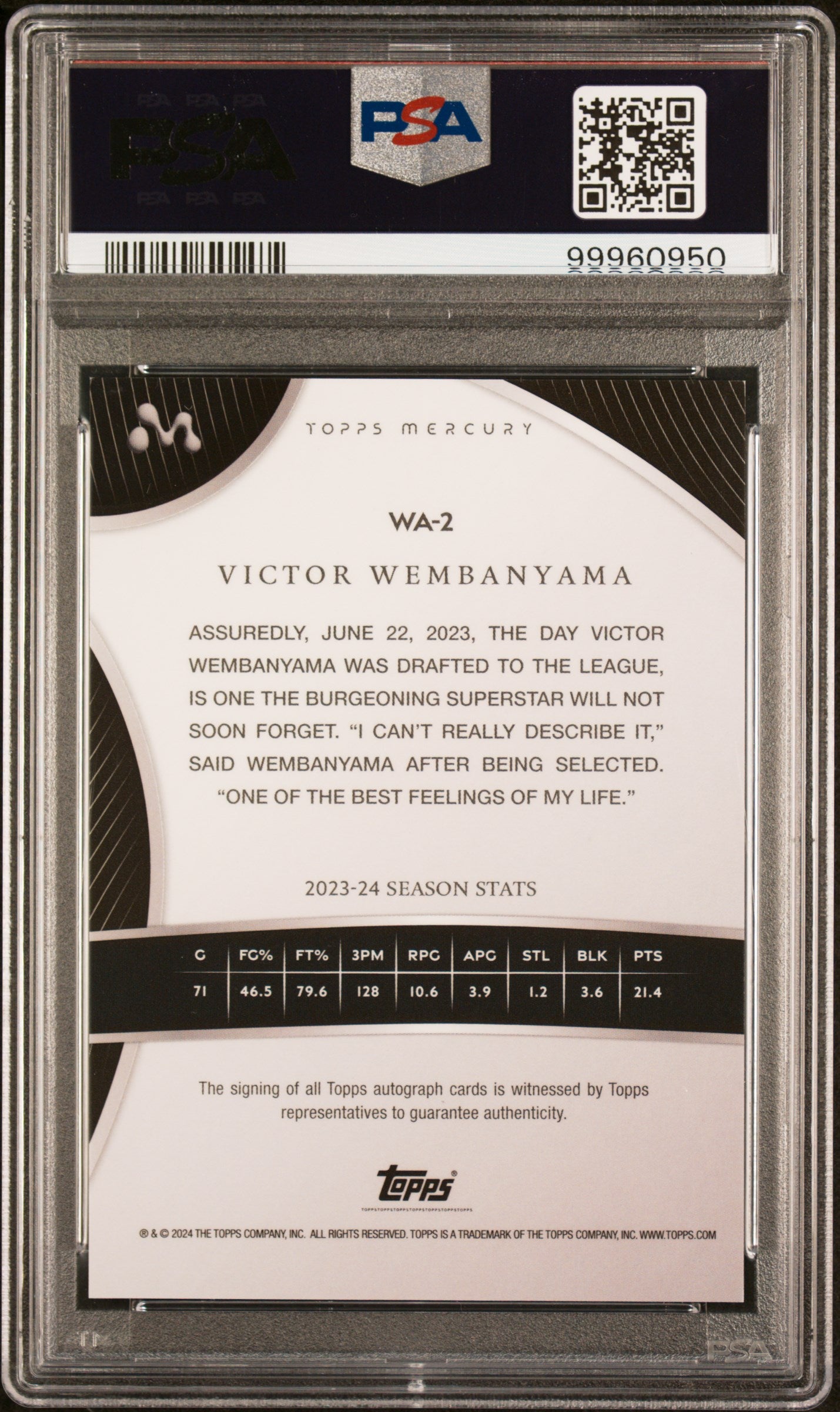 2023 Topps Mercury: Victor Wembanyama Rookie Refractor Auto PSA 9  50/99 