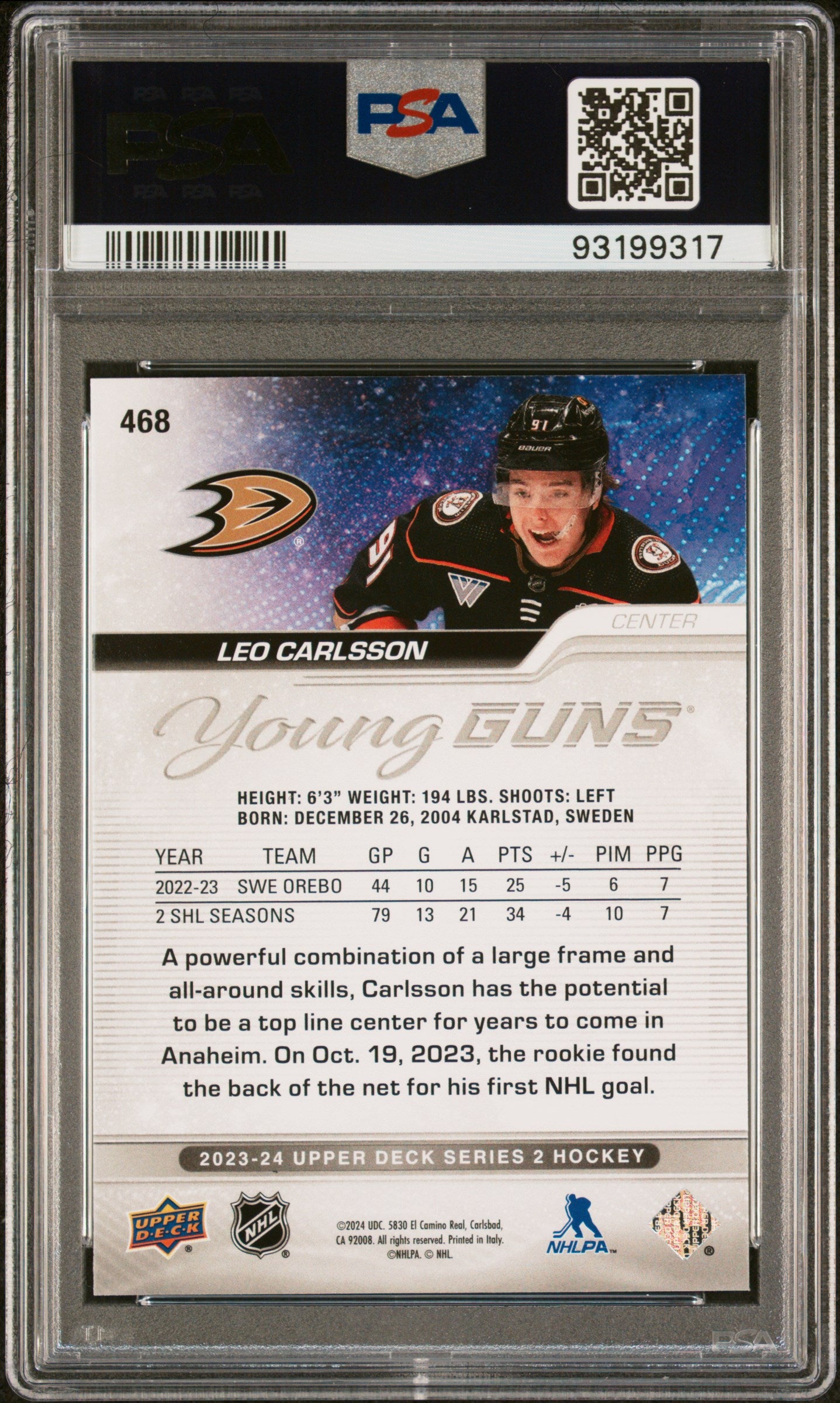 2023-24 Upper Deck Series 2 Hockey Leo Carlsson Young Guns PSA 10 #468