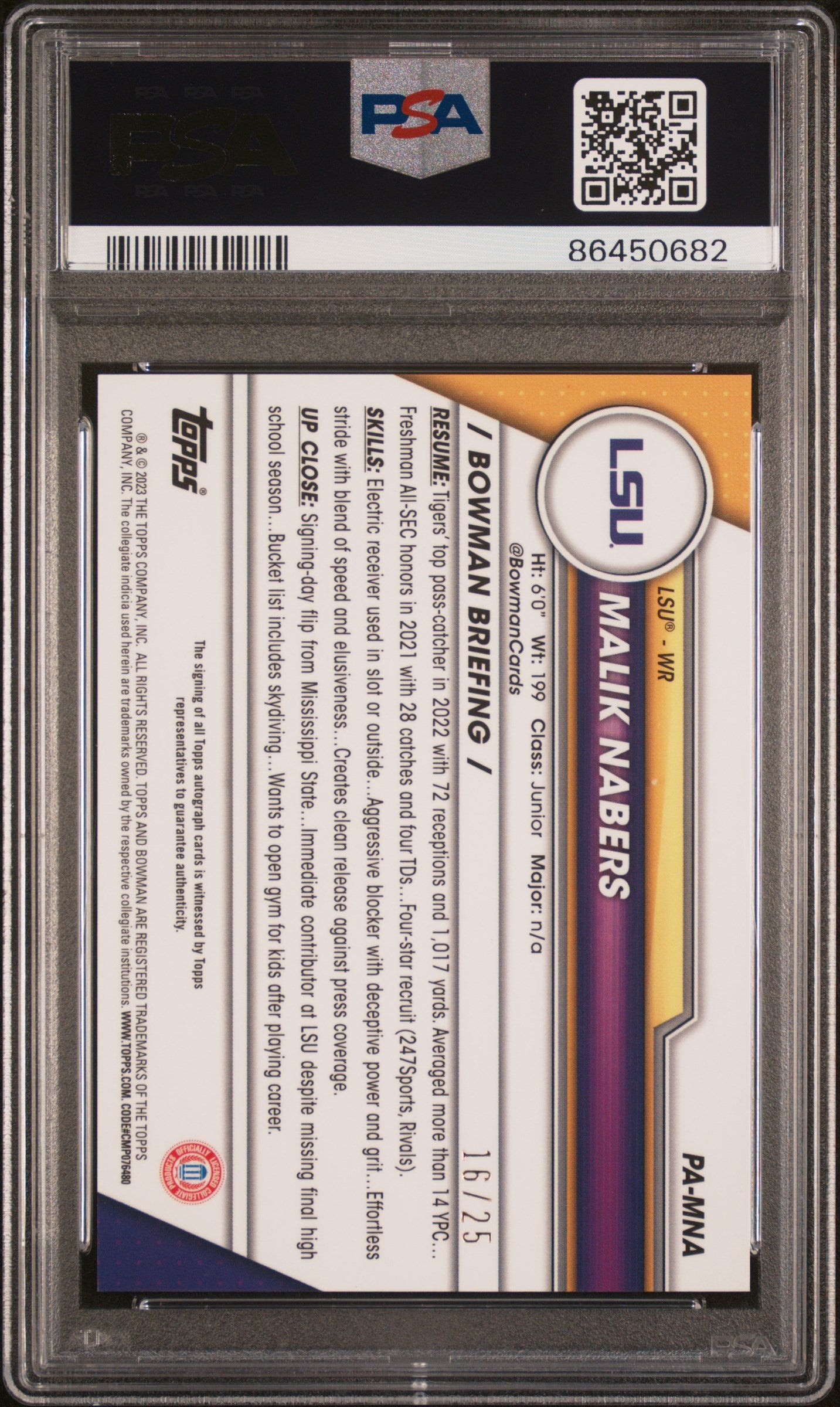 2023 Bowman U Chrome Sapphire Prospect Autograph Malik Nabers PSA 10 Orange /25