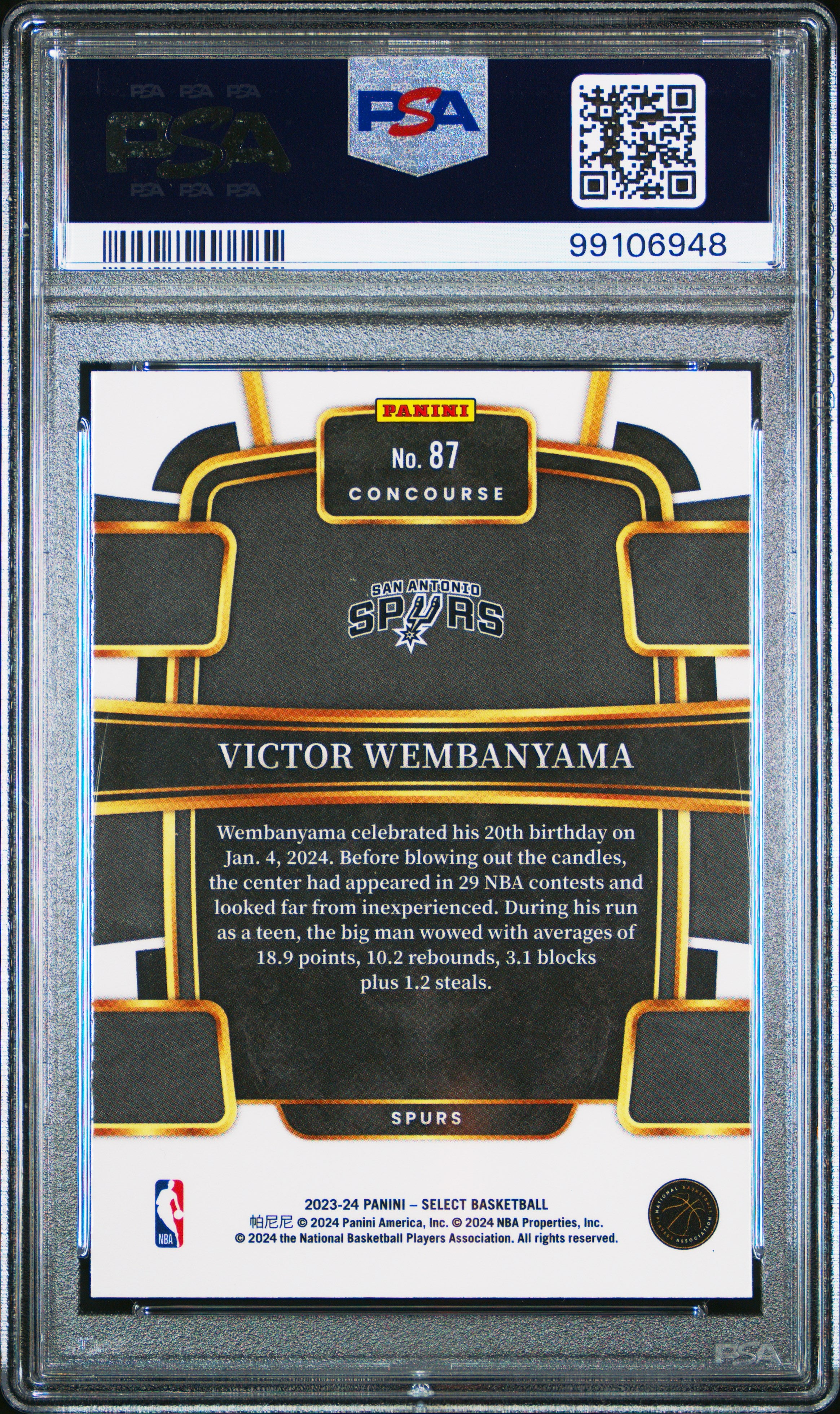 2023 Panini Select Basketball Victor Wembanyama RC Blue PSA 10 #87