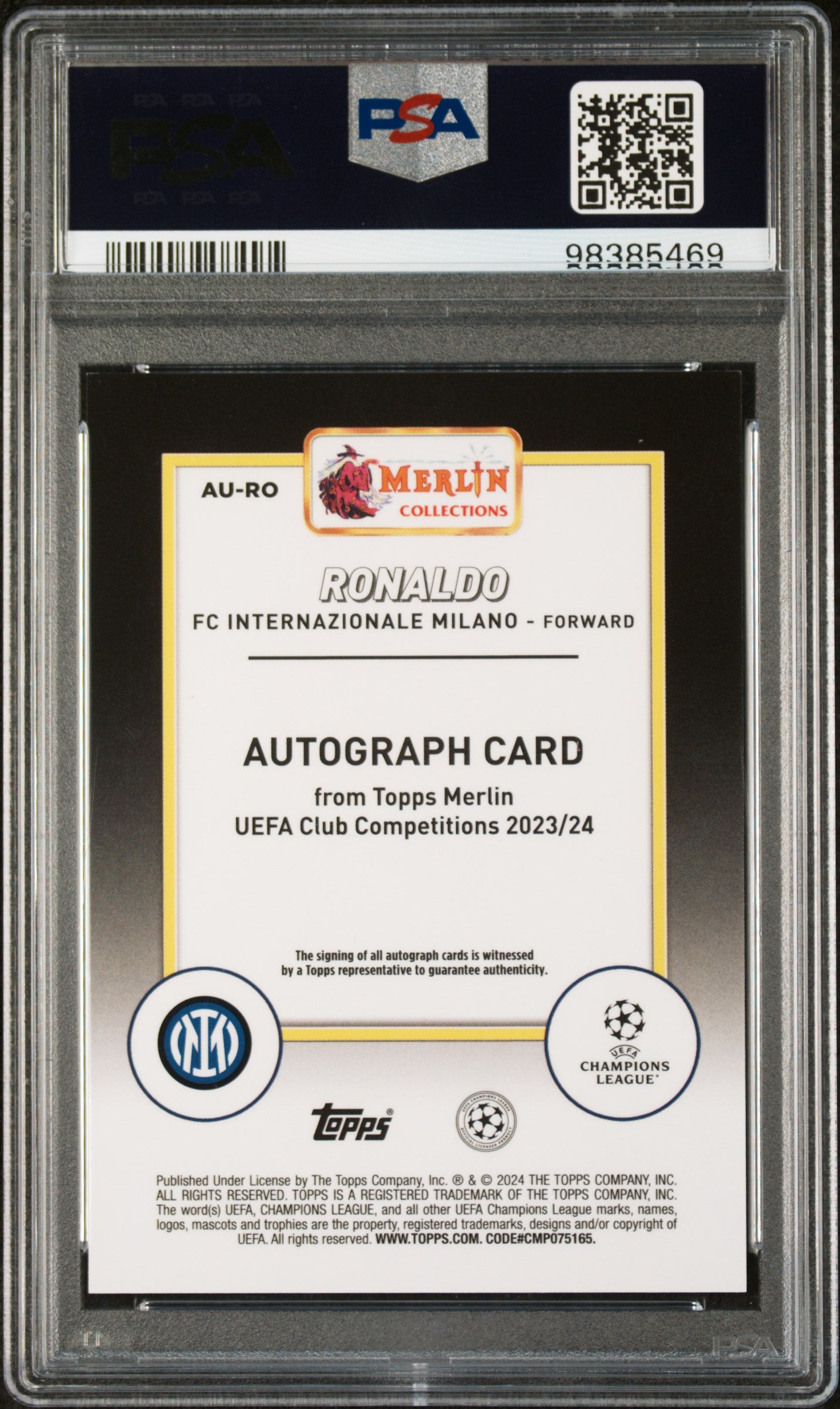 2023-24 Topps Merlin UEFA CC Auto Ronaldo Black Refractor PSA 9 08/10 