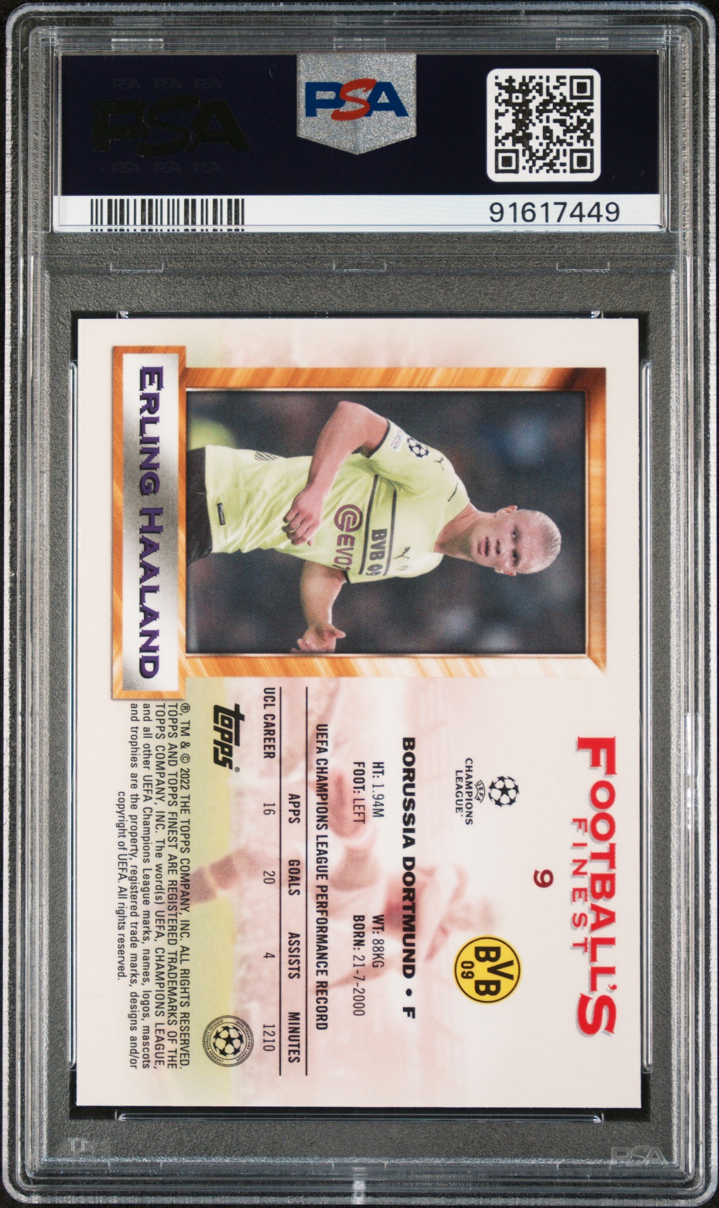 2021-22 Topps Finest Flashbacks UEFA Champions League Erling Haaland #9 PSA 10 