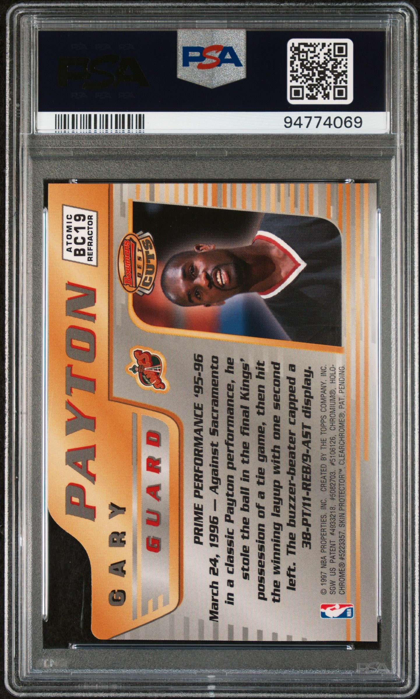 1996 Bowman's Best Best Cuts PSA 9 Gary Payton Atomic Refractor #BC19 