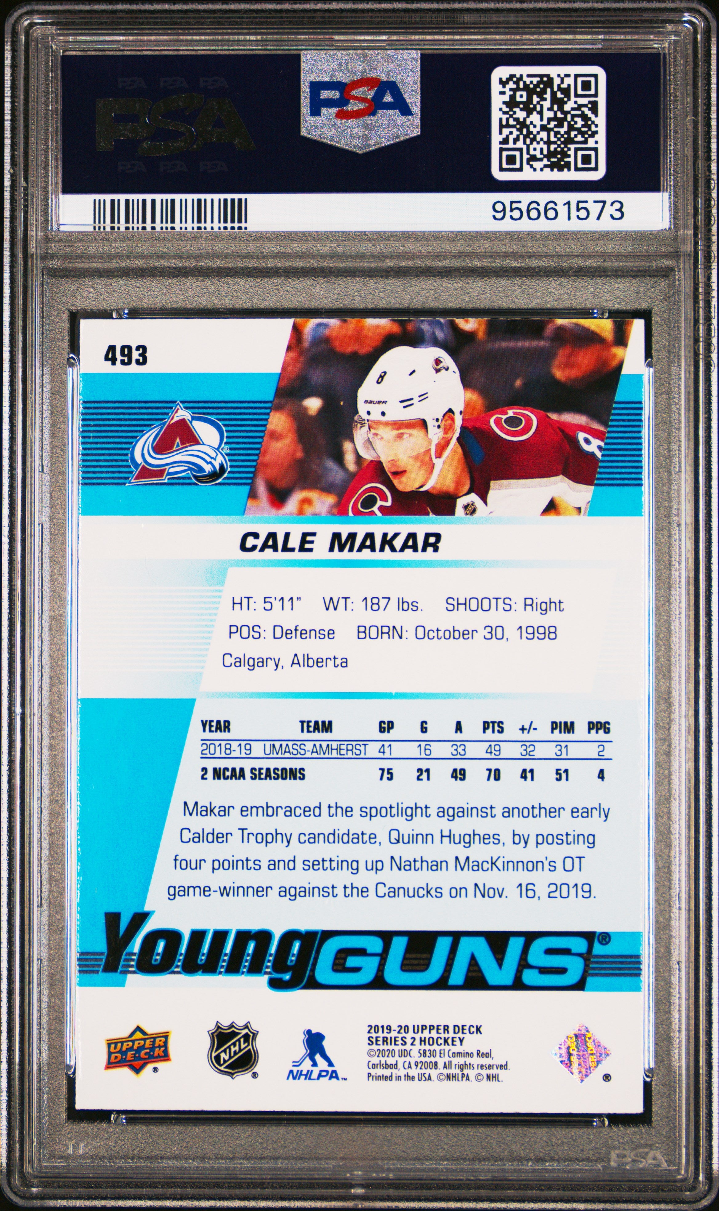 2019-20 Upper Deck Series 2 Hockey Cale Makar Young Guns PSA 10 #493 