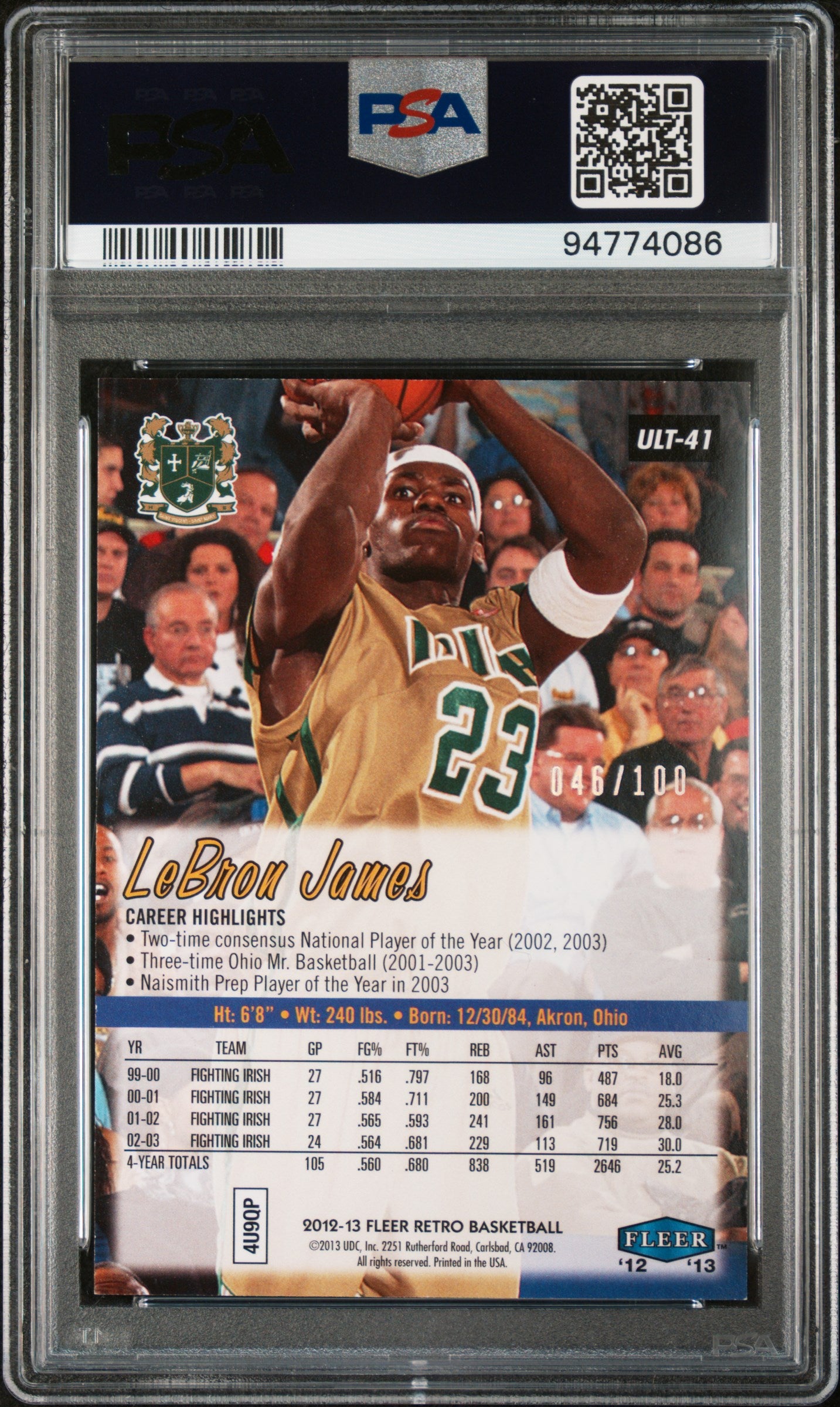 2012 Fleer Retro Ultra PSA 6 Lebron James Ultra Platinum 046/100 #41 