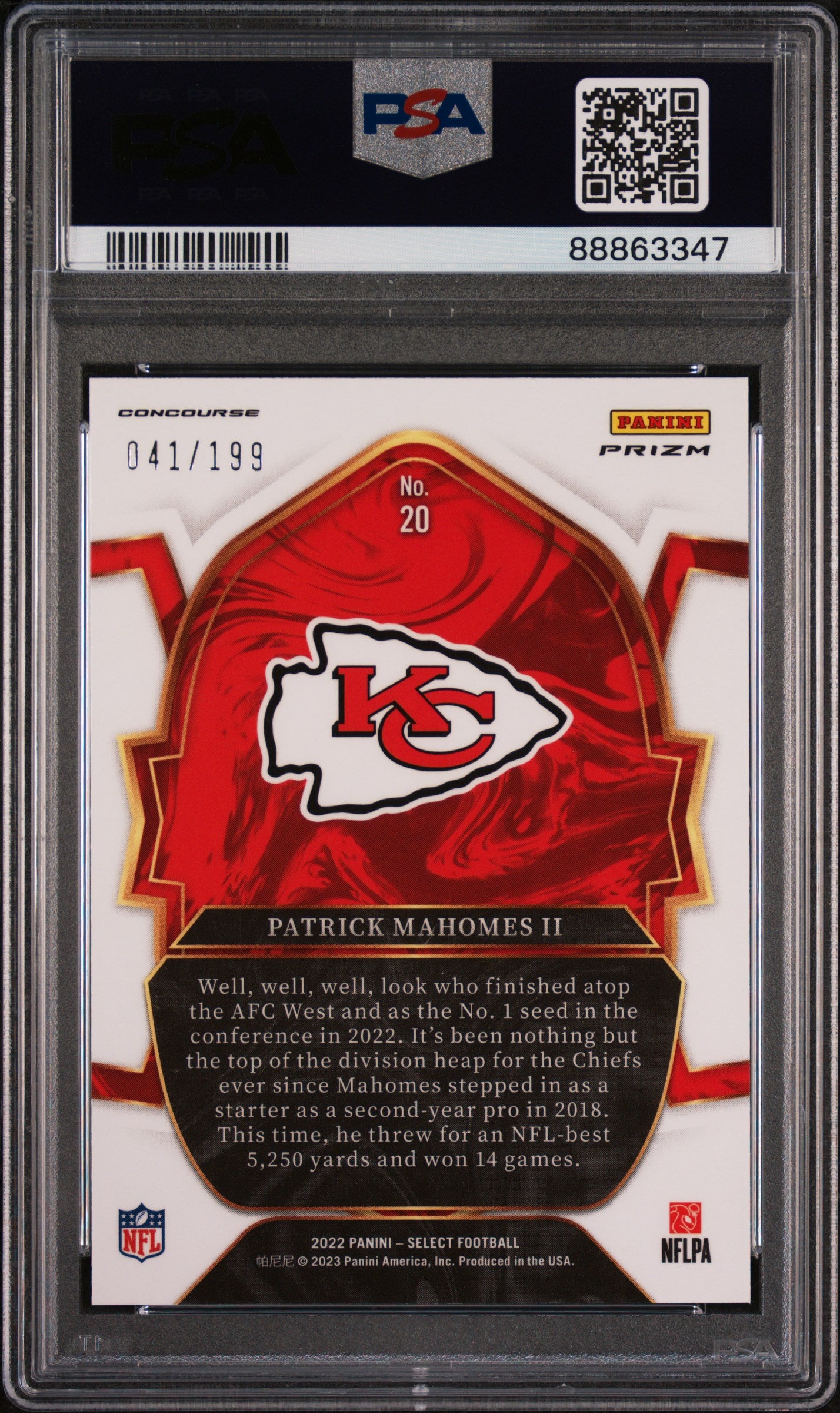 2022 Panini Select Football Patrick Mahomes II Blue Prizm PSA 10 041/199