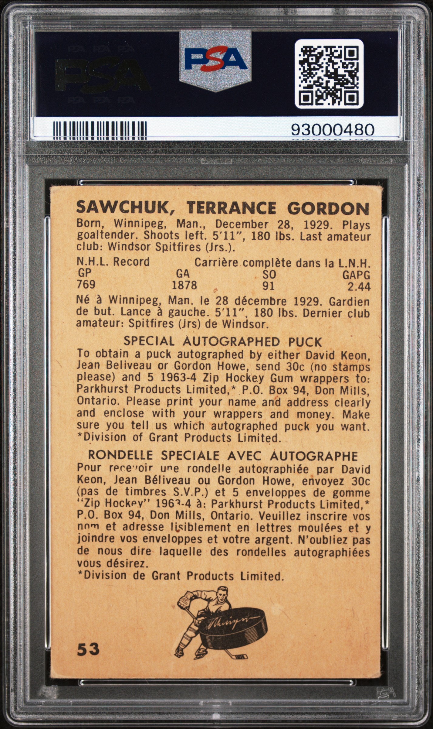 1963 Parkhurst Hockey Terry Sawchuk #53 PSA 3