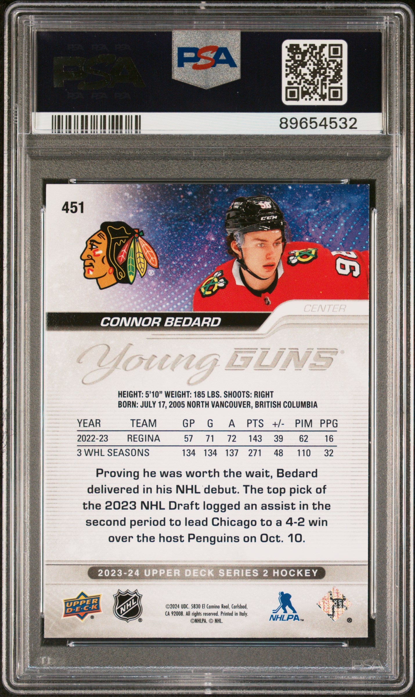 2023-24 Upper Deck Series 2 Hockey Connor Bedard Young Guns PSA 9 #451 