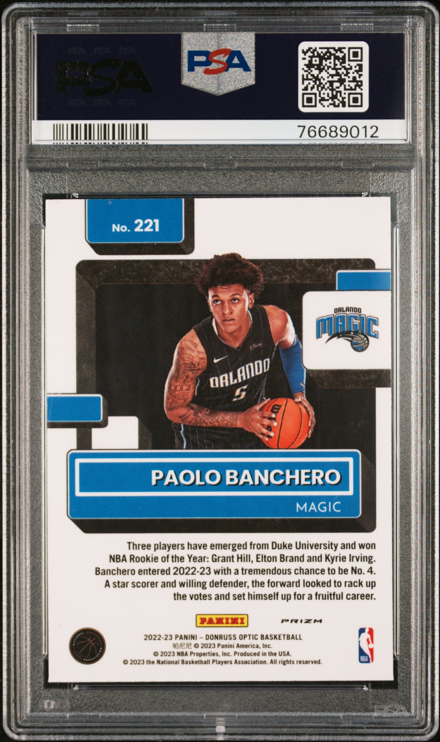 2022 Panini Donruss Optic Rated Rookie Paolo Banchero White Sparkle PSA 9 #221 