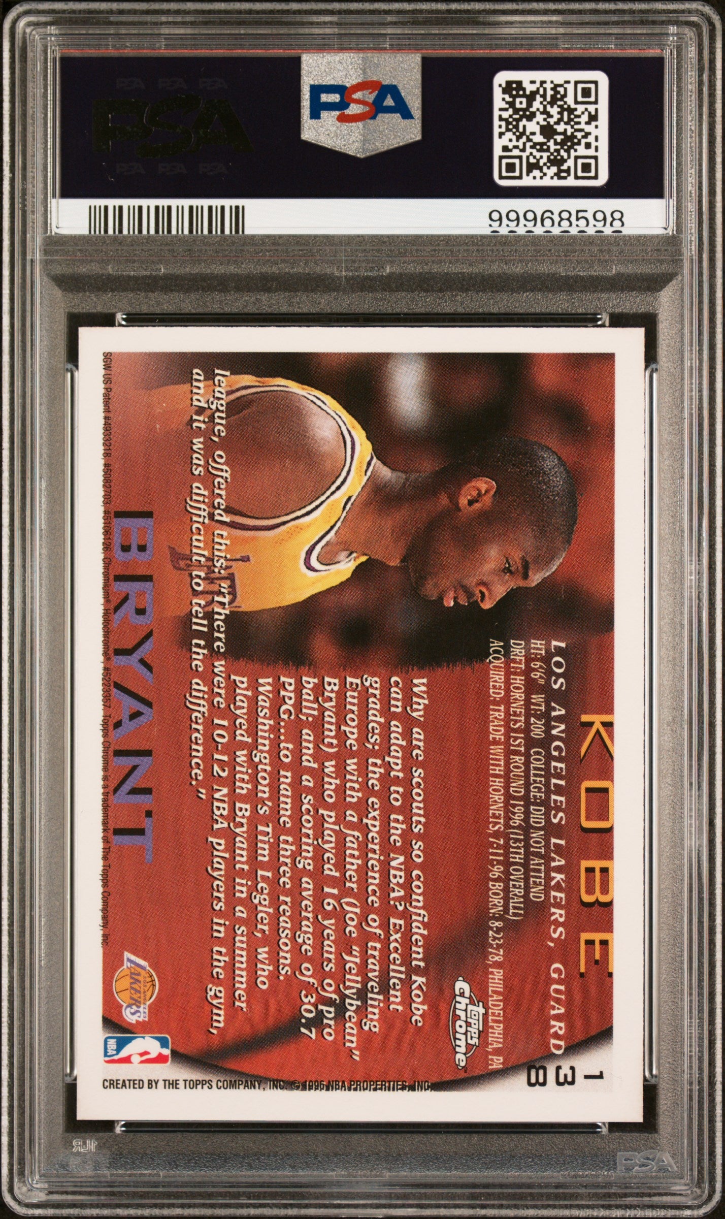 1996 Topps Chrome Basketball Kobe Bryant Rookie PSA 8 #138