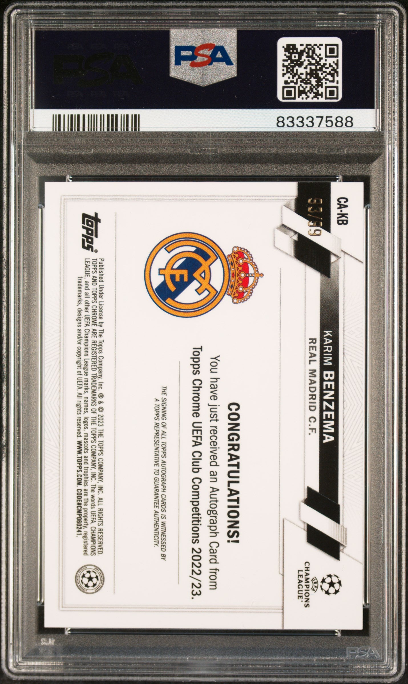 2022-23 Topps Stadium Club Chrome UCC PSA 10 Karim Benzema Green Auto 93/99 