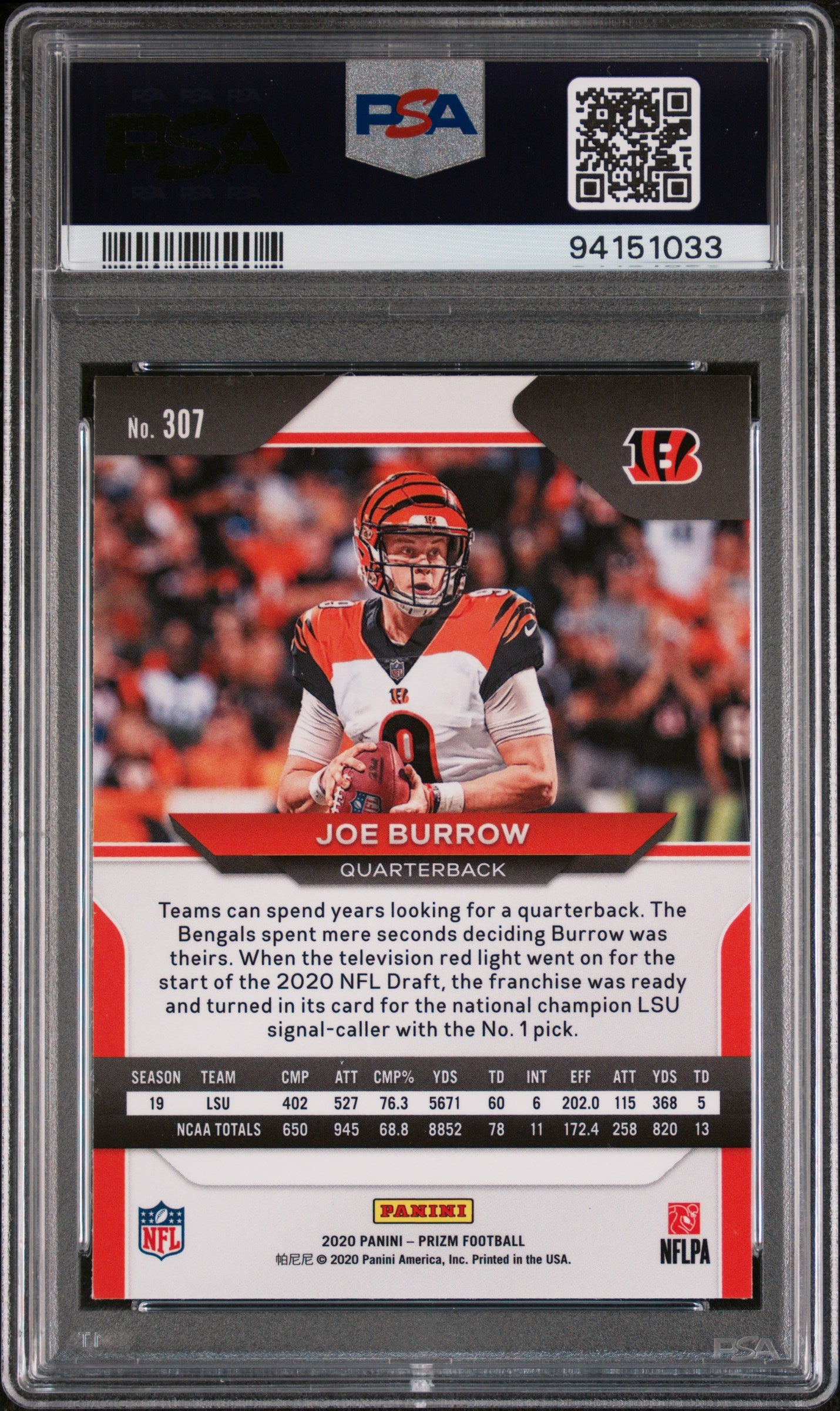 2020 Panini Prizm Football Joe Burrow RC PSA 10 #307 