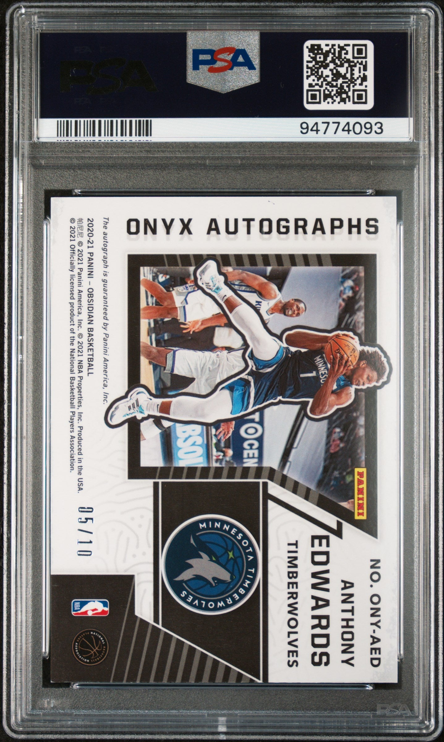 2020 Panini Obsidian PSA 6 Anthony Edwards Onyx Auto Electric Etch Yellow 05/10 