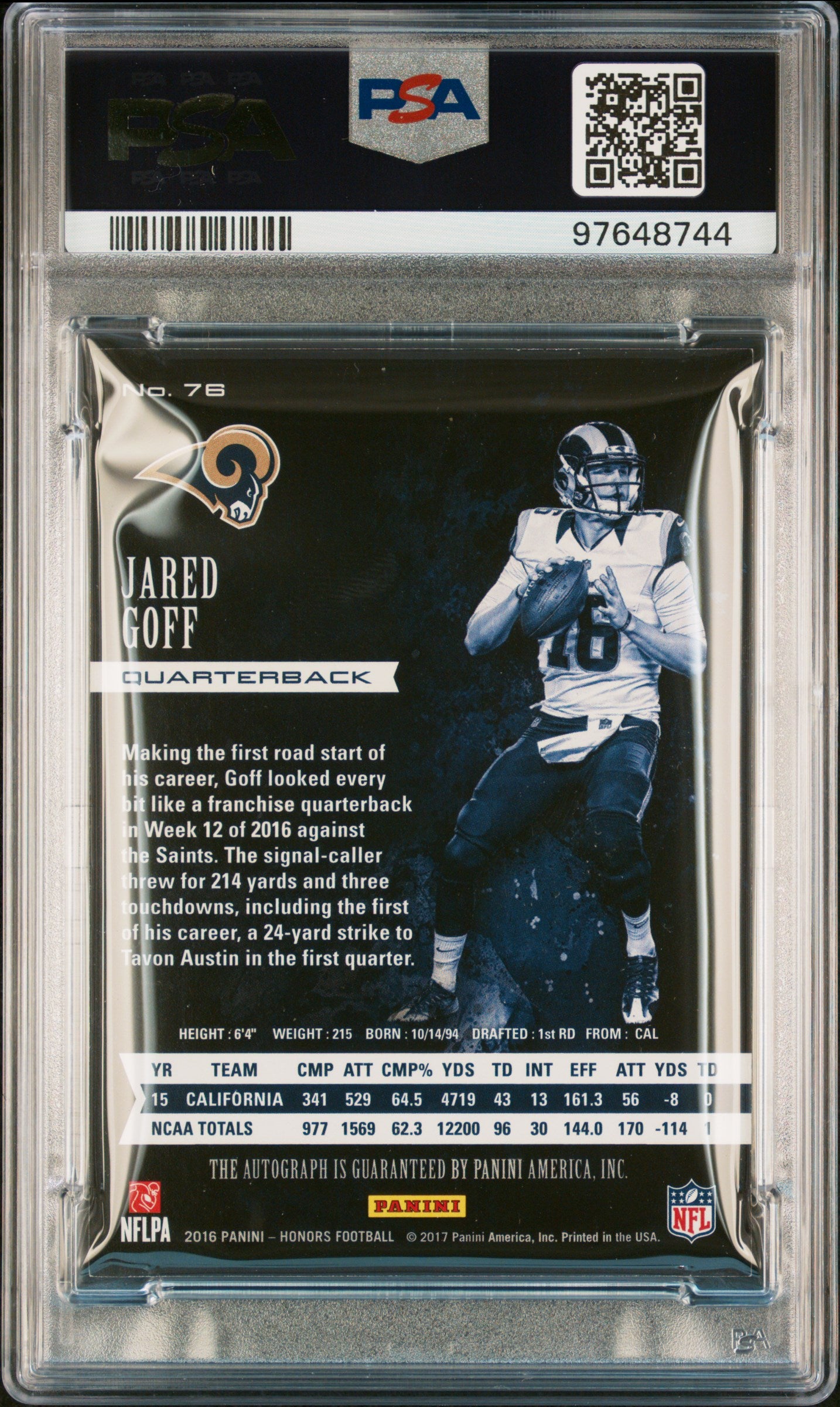 2016 Panini Honors Jared Goff RC Auto Gold PSA 8 01/50 #76 