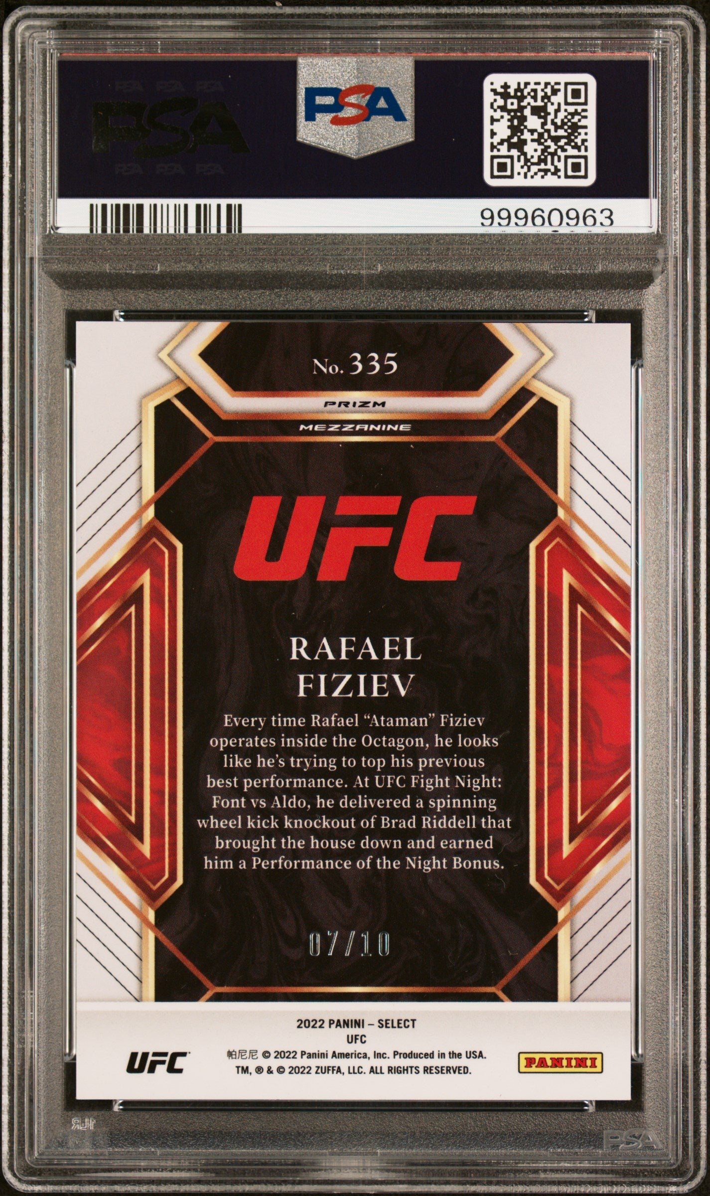 2022 Panini Select UFC Rafael Fiziev RC Rookie Gold Prizm PSA 10 /10 