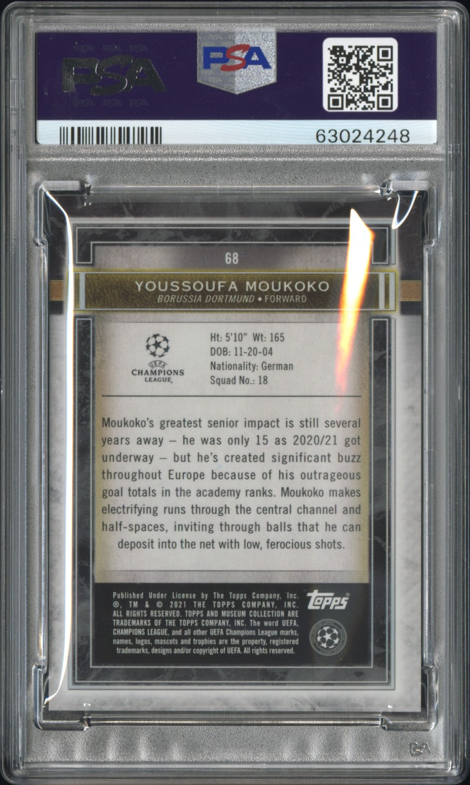 2020 Topps Museum Collection UEFA CL PSA 10 Youssoufa Moukoko RC Gold 25/50 #68 