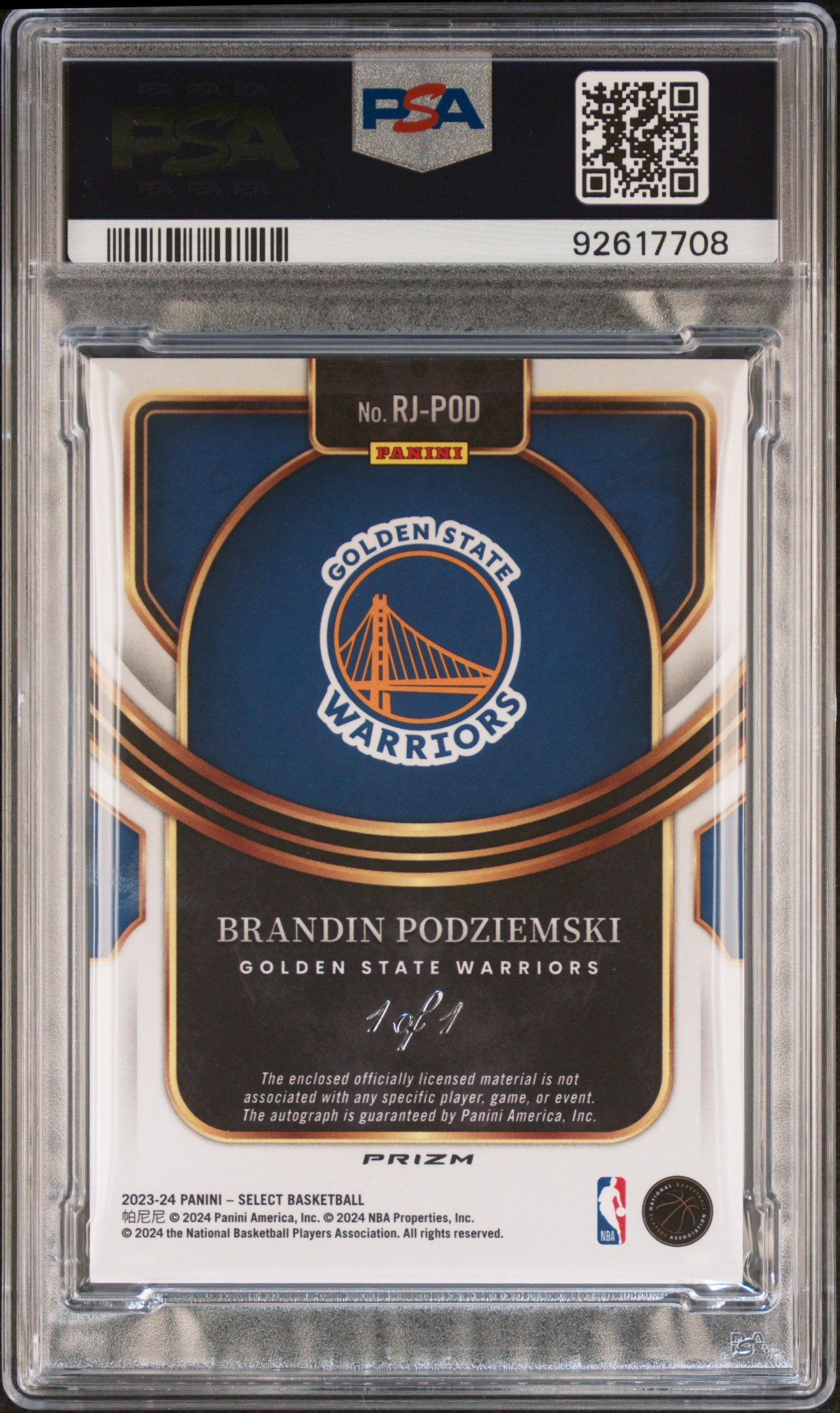 2023 Panini Select Rookie Brandin Podziemski Black Disco Auto PSA 8 1/1 #RJ-POD 