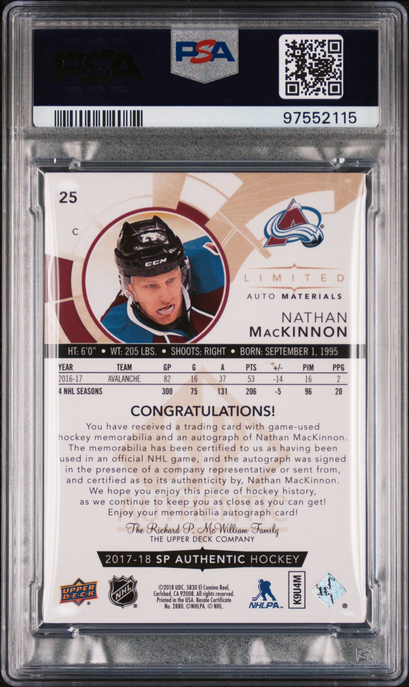 2017 SP Authentic Hockey Nathan Mackinnon Limited Auto Materials PSA 9 /25 #25 