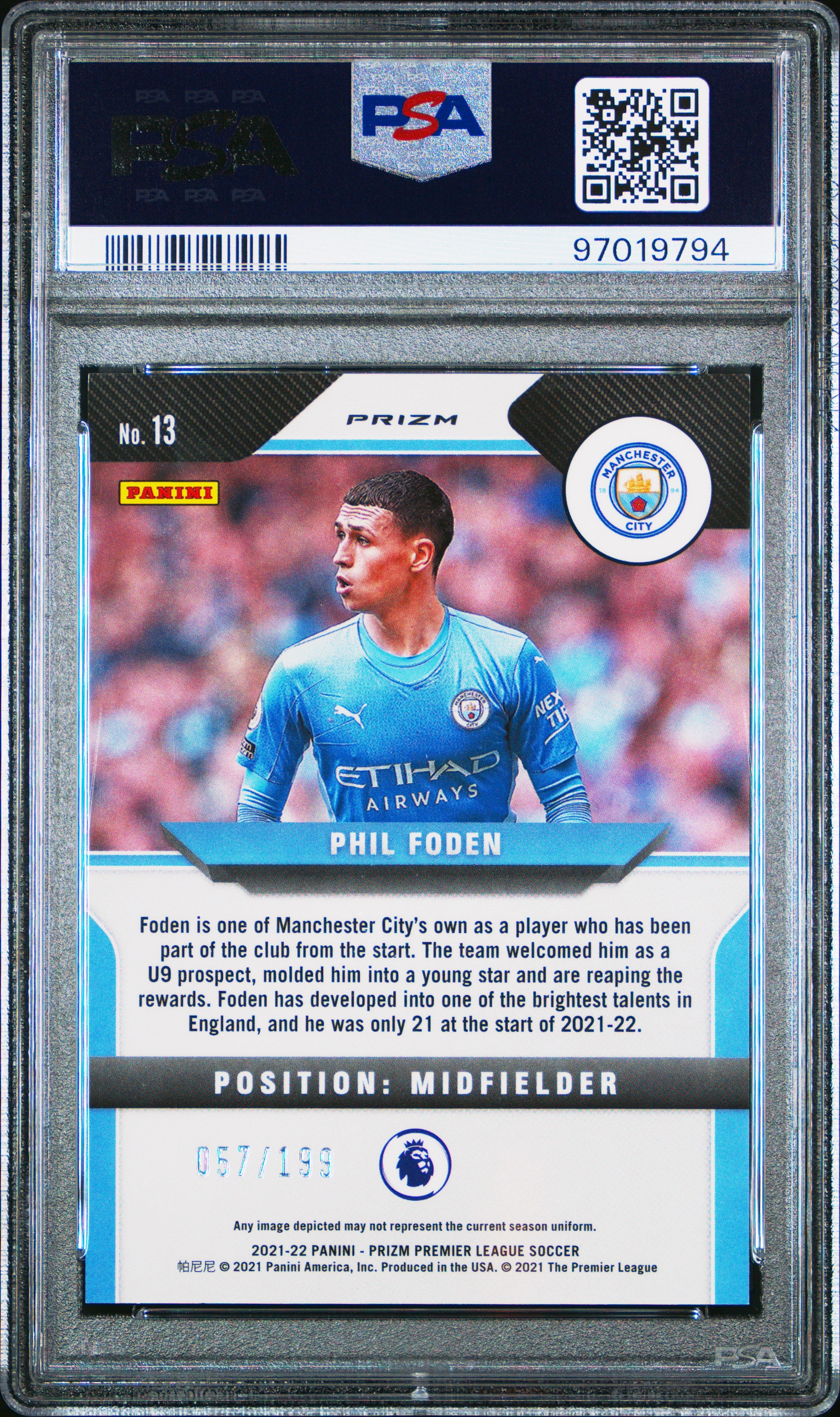 2021 Panini Prizm Premier League Phil Foden Blue Breakaway PSA 9 057/199 