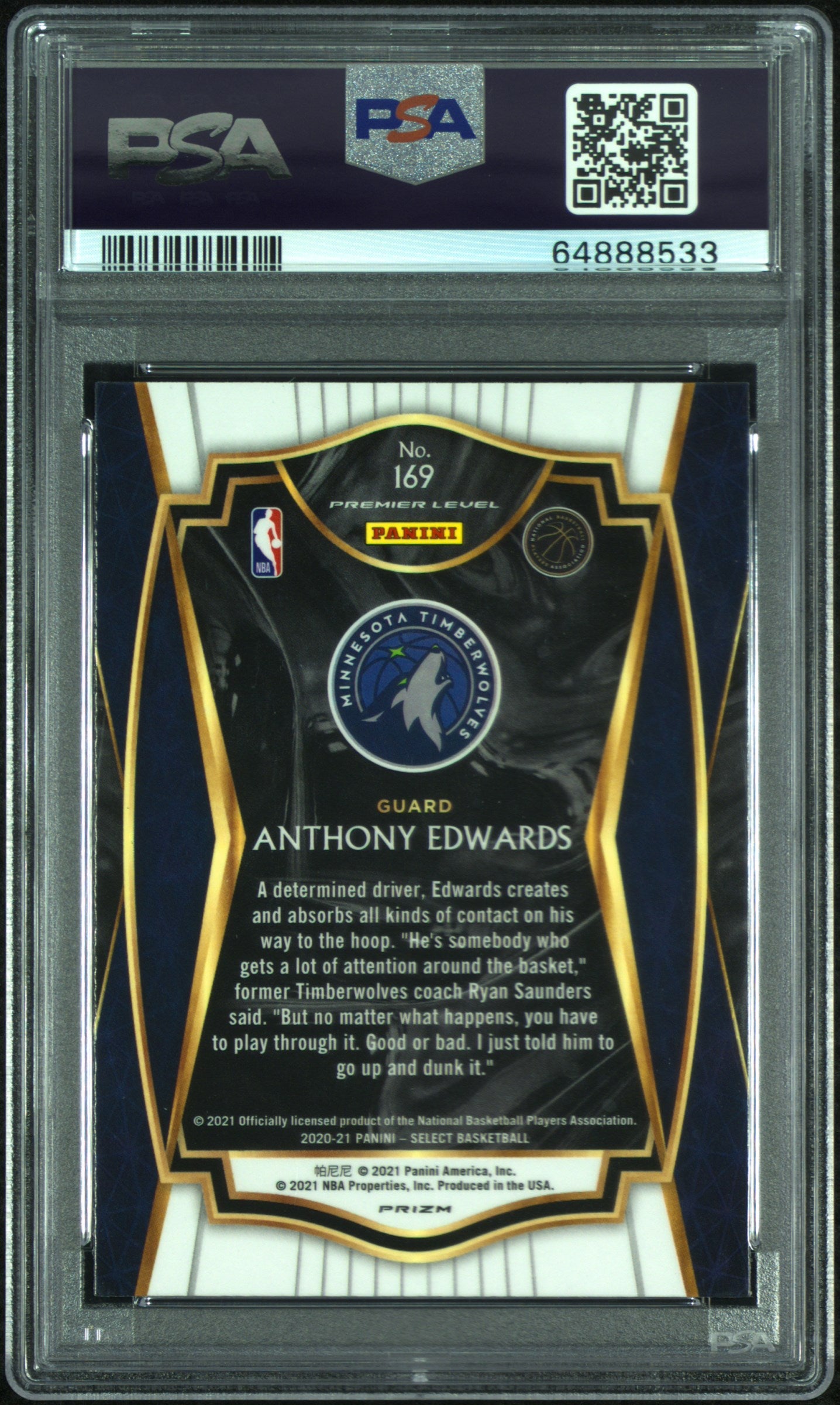 2020 Panini Select Basketball Anthony Edwards RC Rookie Tiger Prizm PSA 9 