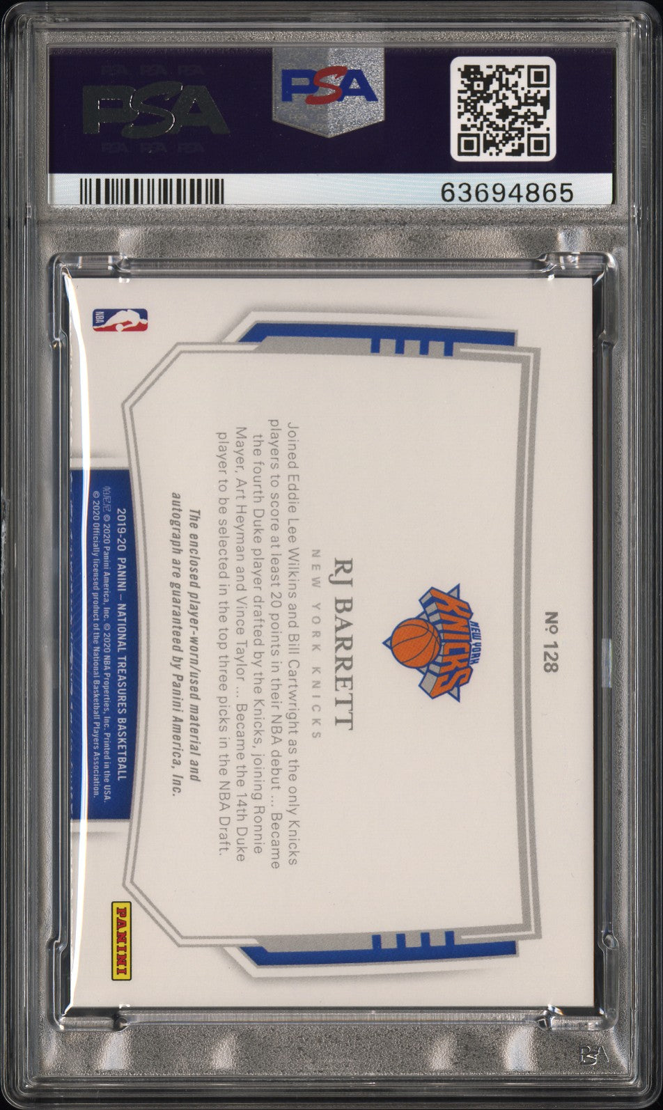 2019 Panini National Treasures PSA 9 RJ Barrett Horizontal Patch Autograph 44/75 