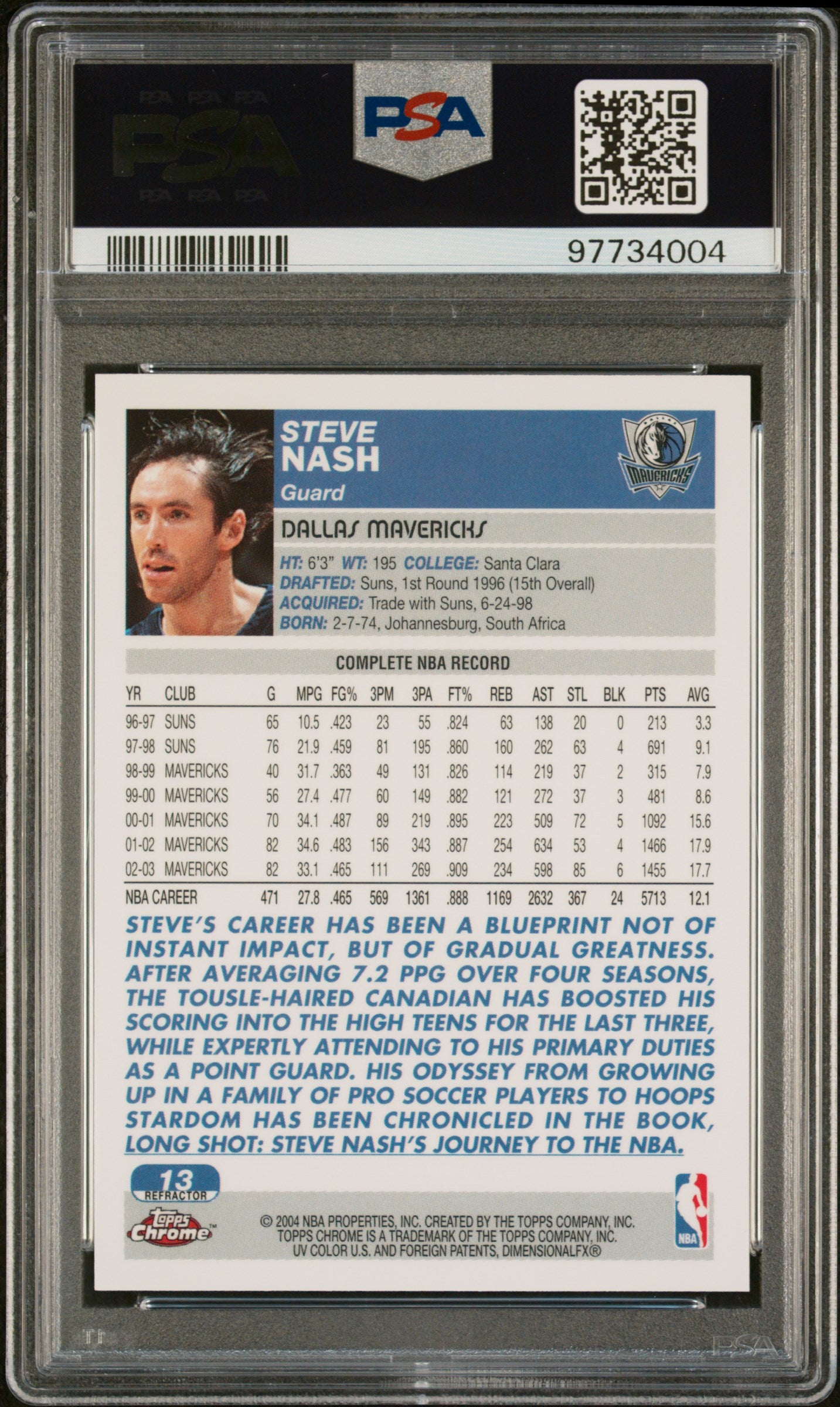 2003 Topps Chrome Basketball Steve Nash Refractor PSA 10