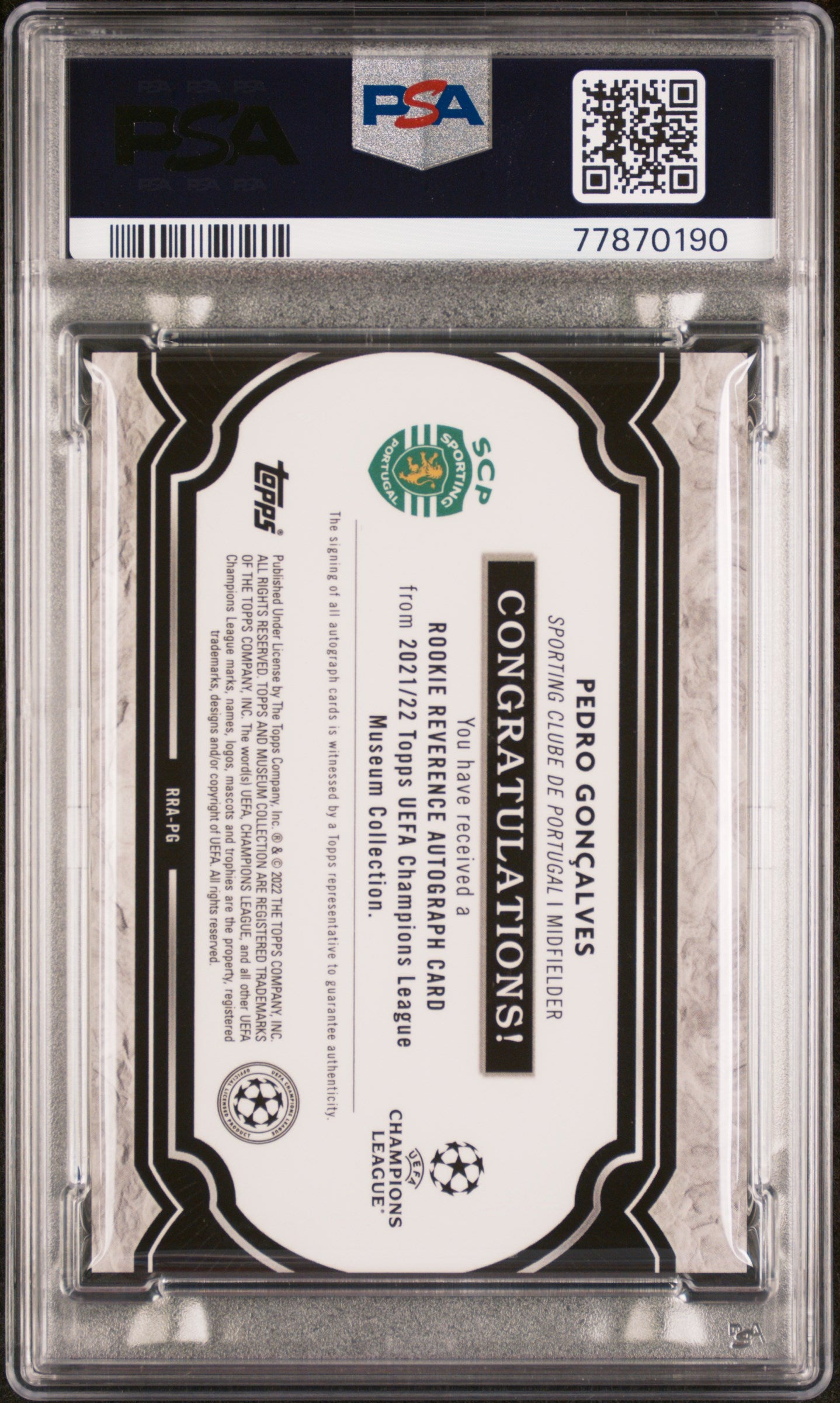 2021-2022 Topps Museum UEFA CL Rookie Reverence Auto Pedro Goncalves PSA 10 /75 