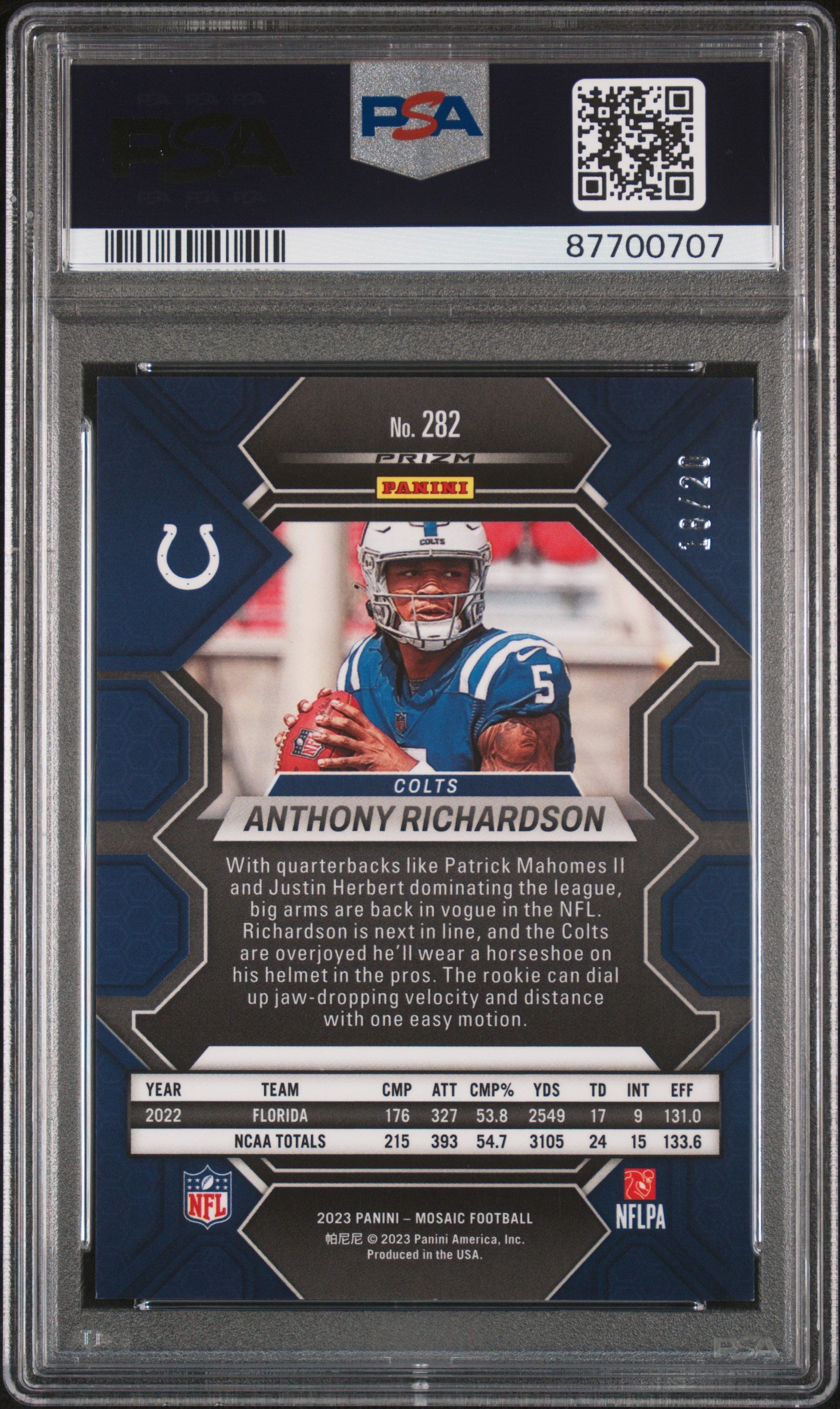 2023 Panini Mosaic PSA 10 Anthony Richardson RC Pink No Huddle 18/20 #282 